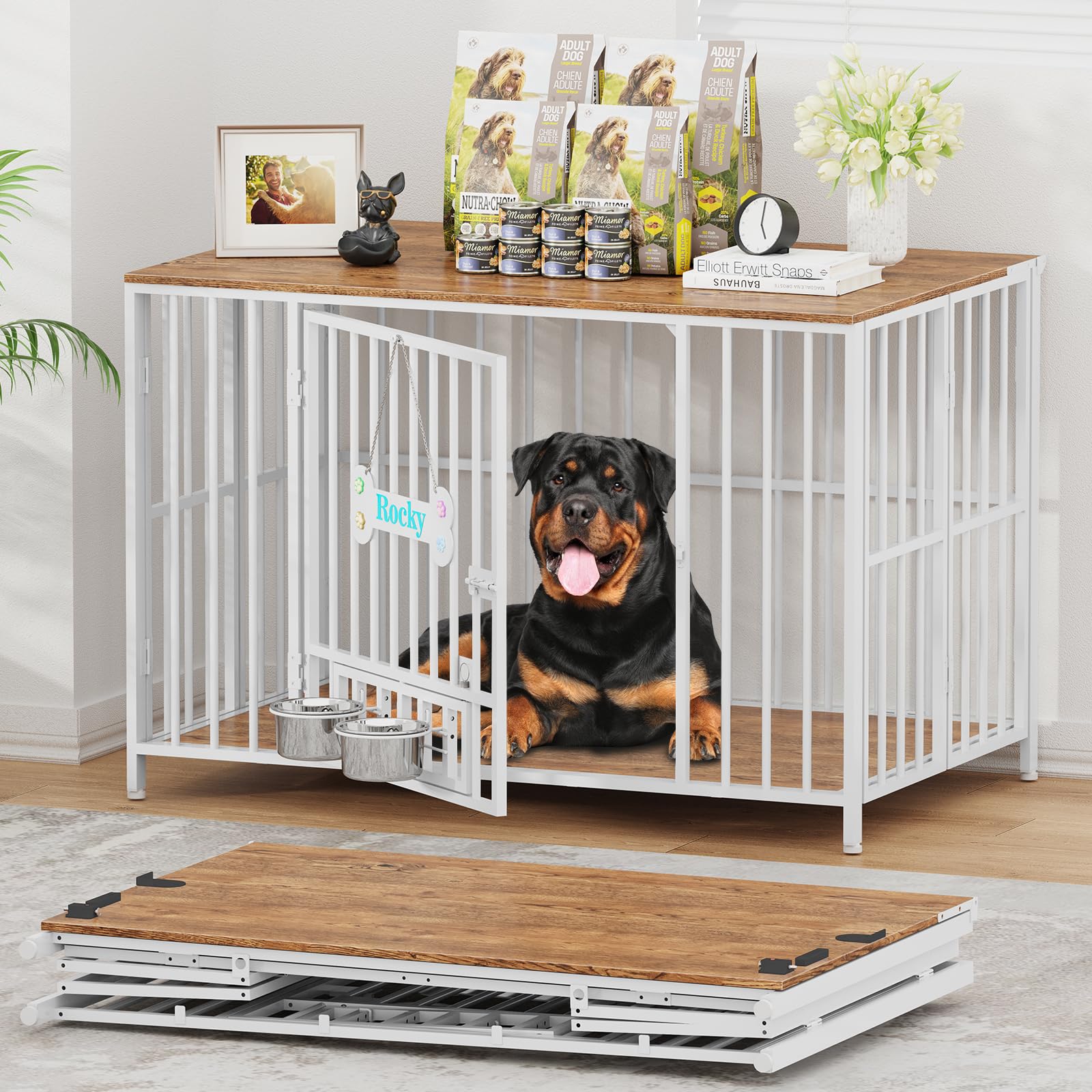 Easycom 43 Inch Dog Crate Furniture Foldable Wooden Dog Kennel