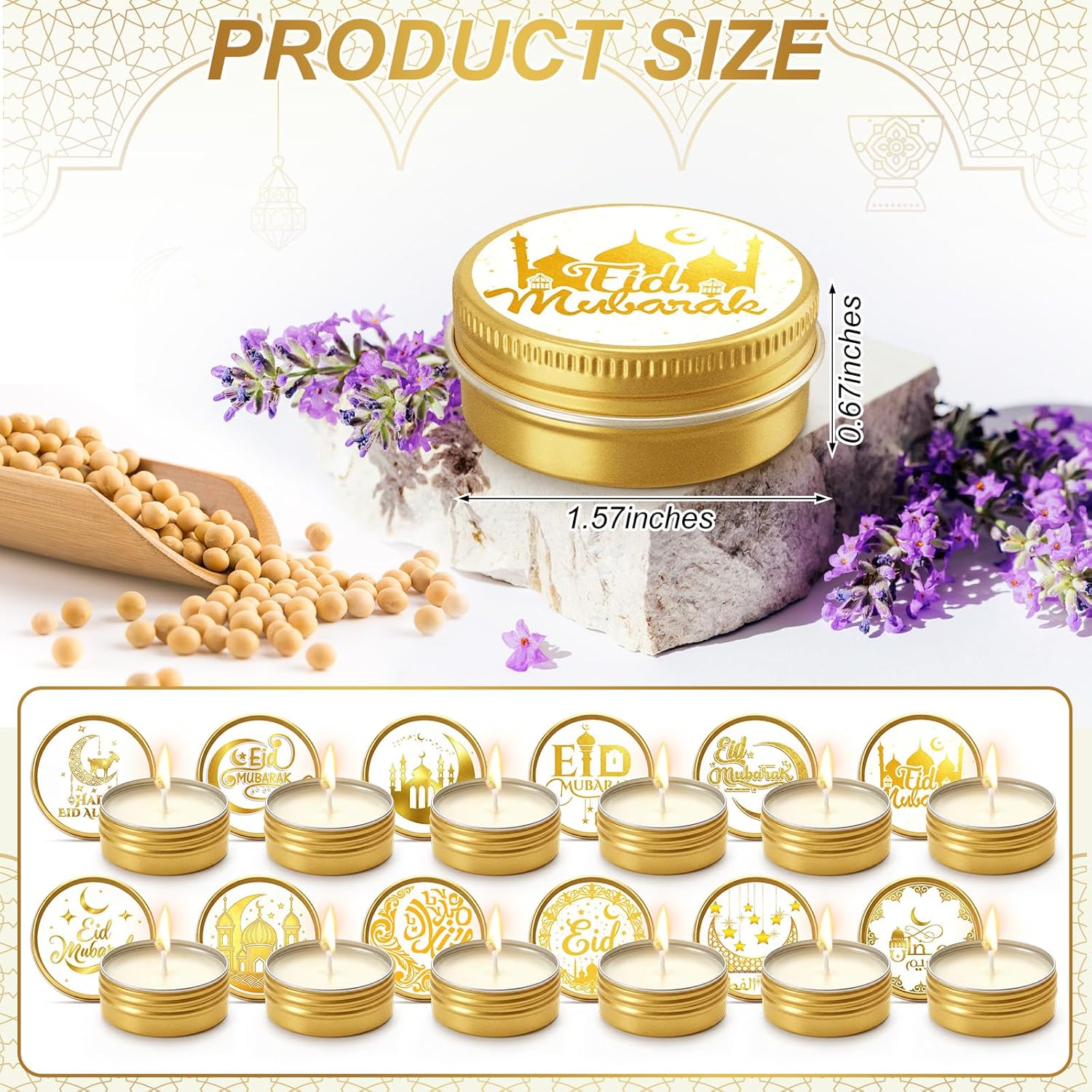 Nuanchu 50 Pcs Ramadan Mubarak Scented Candle Bulk 1 oz Gold Jar Eid Mubarak Candle Gifts Ramadan Aromatherapy Islamic Gifts for Eid Party Favor Muslim Holiday Celebration Decor, Assorted Scents