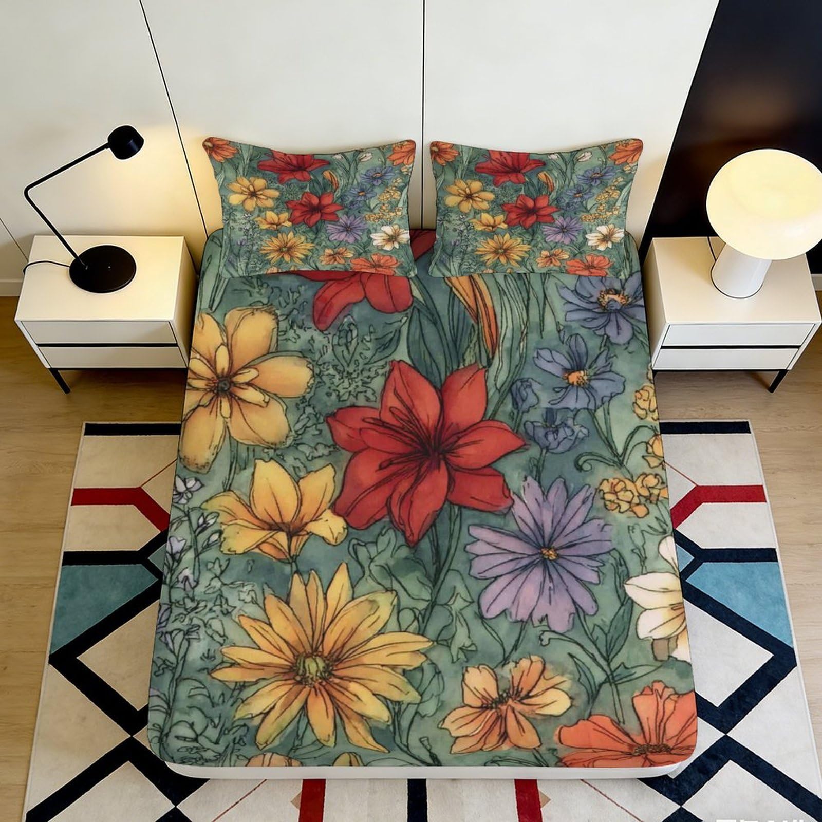 3D Printed Wildflower Meadow Fitted Sheet Microfiber Soft Colorful Floral Mattress Cover for Bedroom Dorm Decor 200x200x25cm