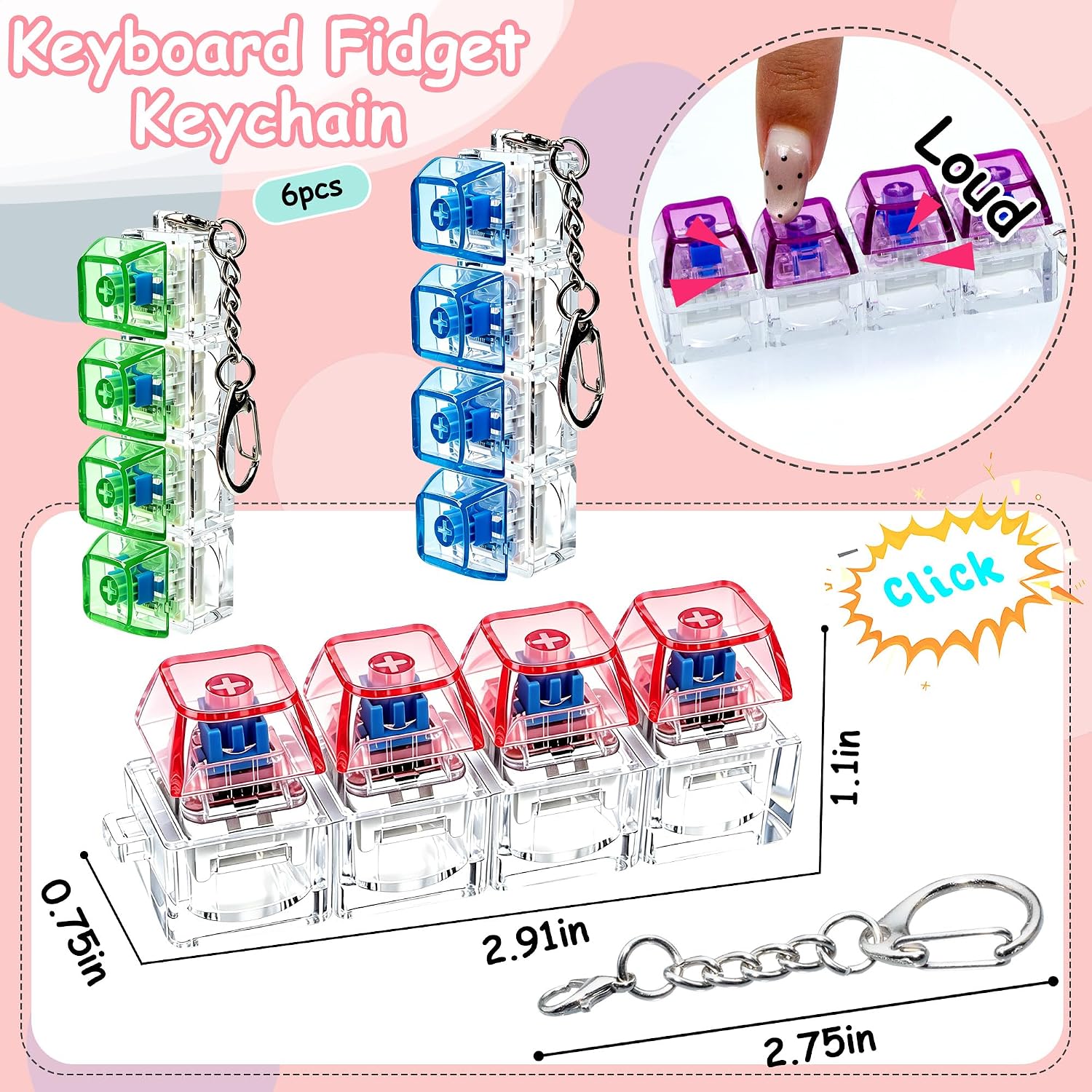 6 Pack Keyboard Fidget Toy, Keyboard Fidget Keychain 4-in-1 Keyboard Fidget, Button Stress Relief Fidget Gifts to Help Focus and Relieve Stress(TranColorFul_WP_BG)