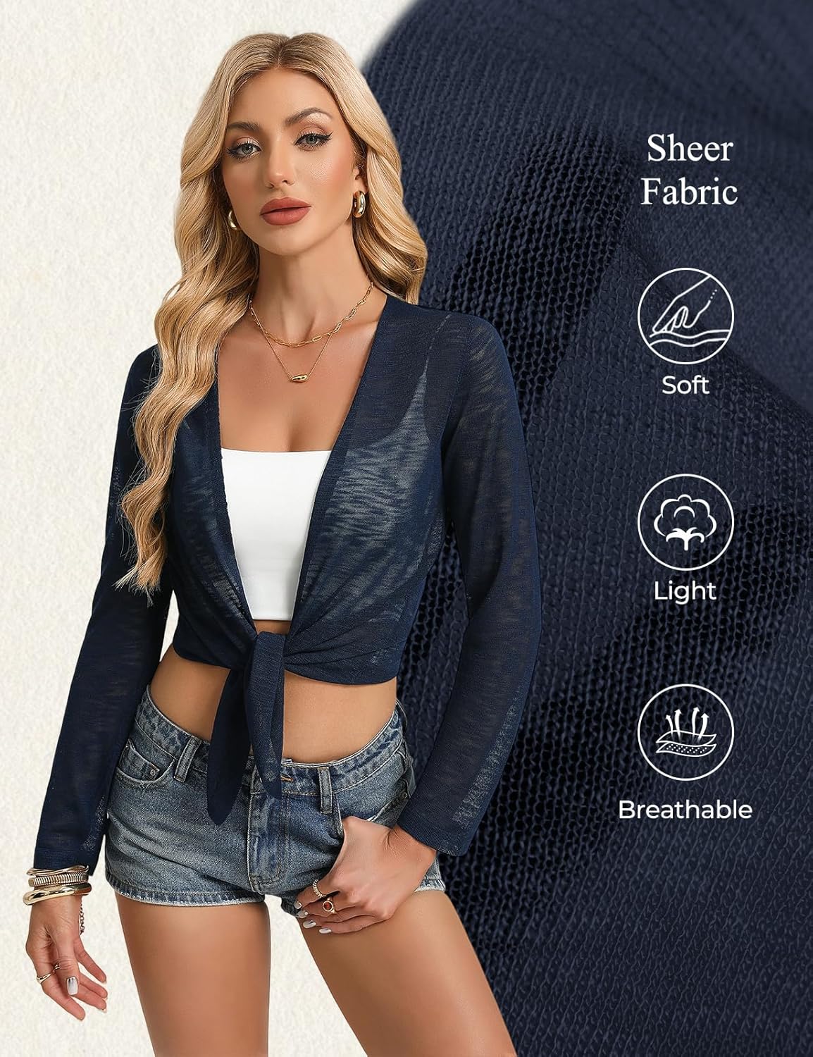 GRACE KARIN Sheer Shrugs for Women, Long Sleeve Mesh Cropped Cardigan, Spring Tie Front Bolero Sweater for Dresses - Image 4