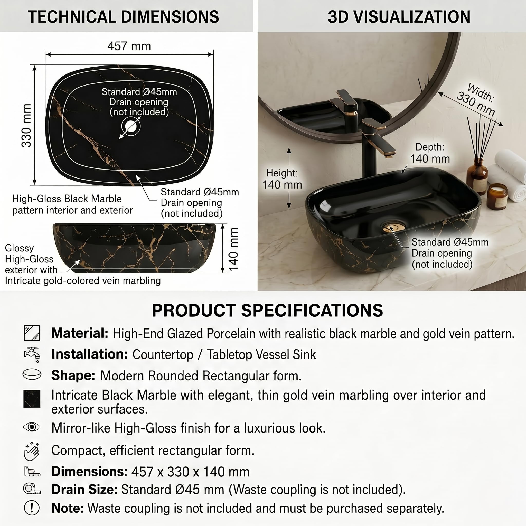 BASSINO 18x13x5.5 Inches Table Top Washbasin/10 Years Warranty/Ceramic Wash Basin for Bathroom/Rectangule Counter Top Wash Basin for Restaurant/Dining Hall/Living Room(Glossy Black-Golden Marble) 1