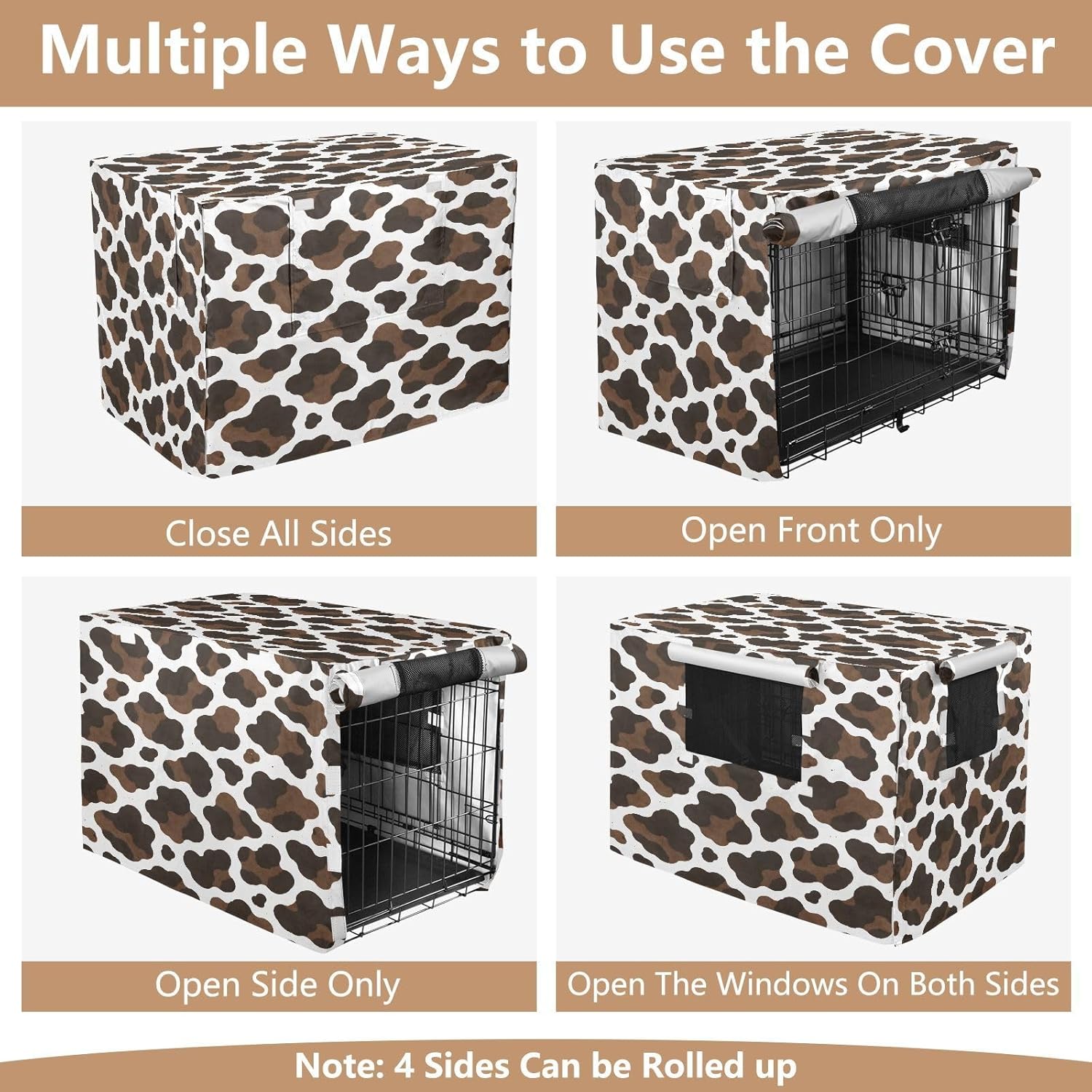 Cow Brown White Print Dog Crate Cover 600D Oxford Pet Kennel Cover with Mesh Window for Dog Cages, Windproof Waterproof Machine Washable, 48"x30"x33"