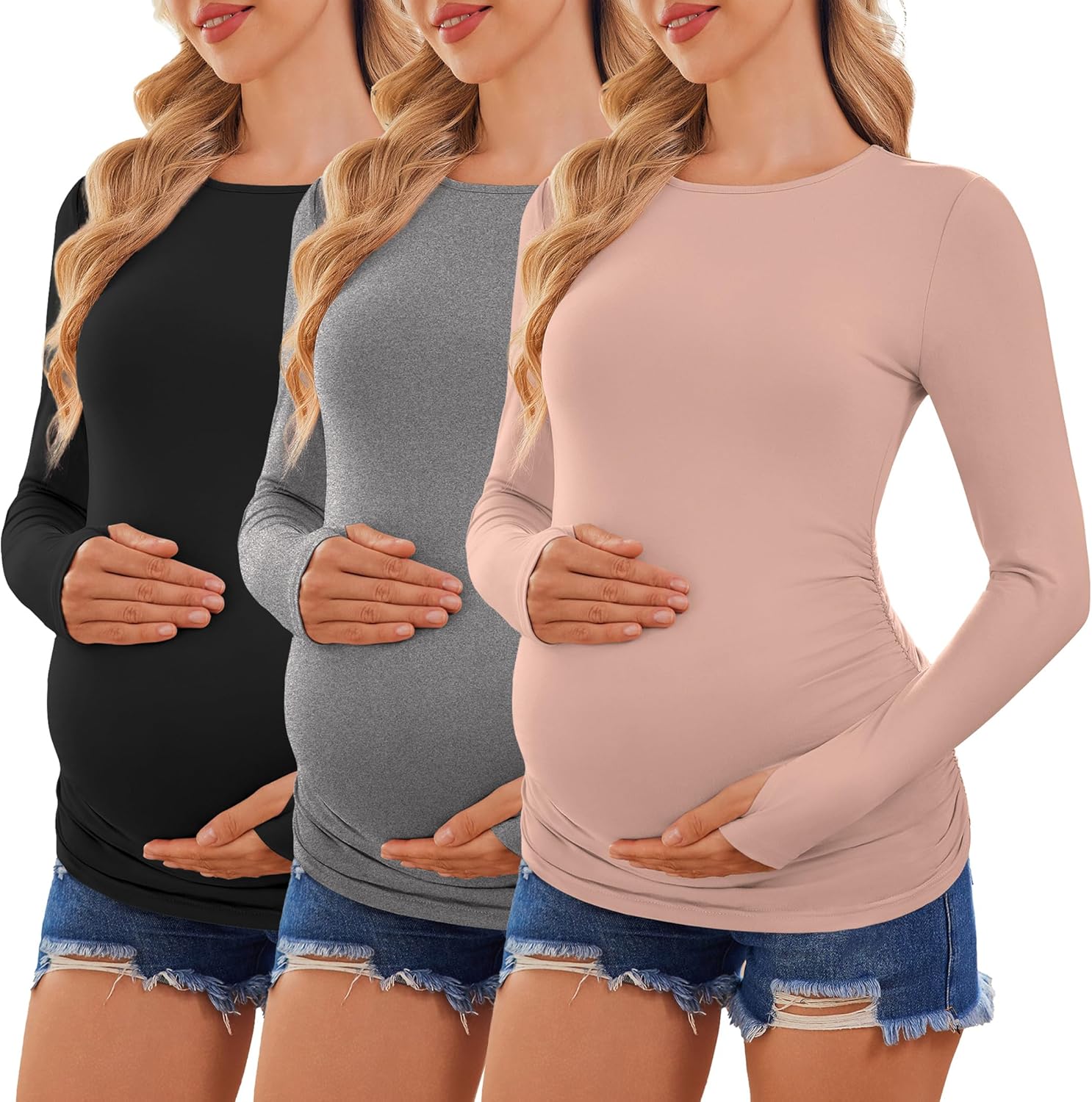 Ekouaer Womens 3 Pack Long Sleeve Maternity Shirts Crew Neck Pregnancy Clothes Side Ruched Workout Tops Casual T-Shirt S-XXL