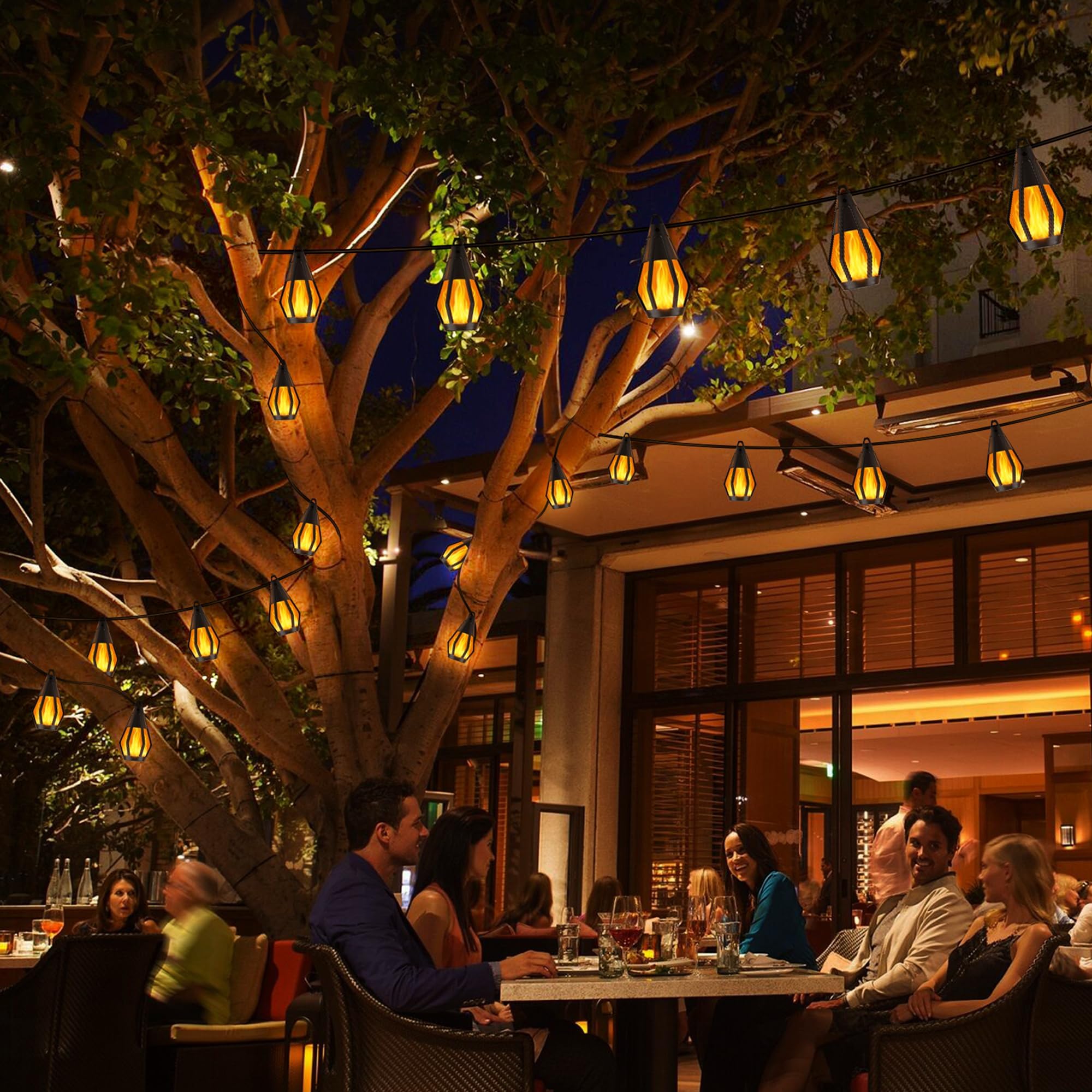 Solar-Lichterkette für den Außenbereich, 12 m, Solar-Terrassenlicht mit 20 flackernden Flammen, wasserdicht, warmweiß, solarbetriebene Außenleuchten für Garten, Hof, Terrasse, Pavillon, Bistro, Café