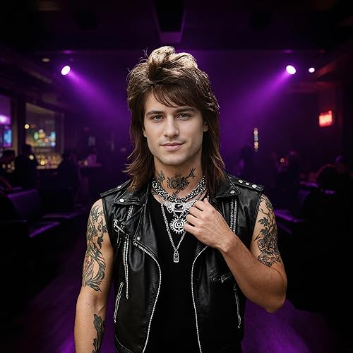 Miniatura 2 de Peluca de salmonete Rock de los años 80 para hombre, peinado retro marrón para cosplay, fiestas y moda vintage