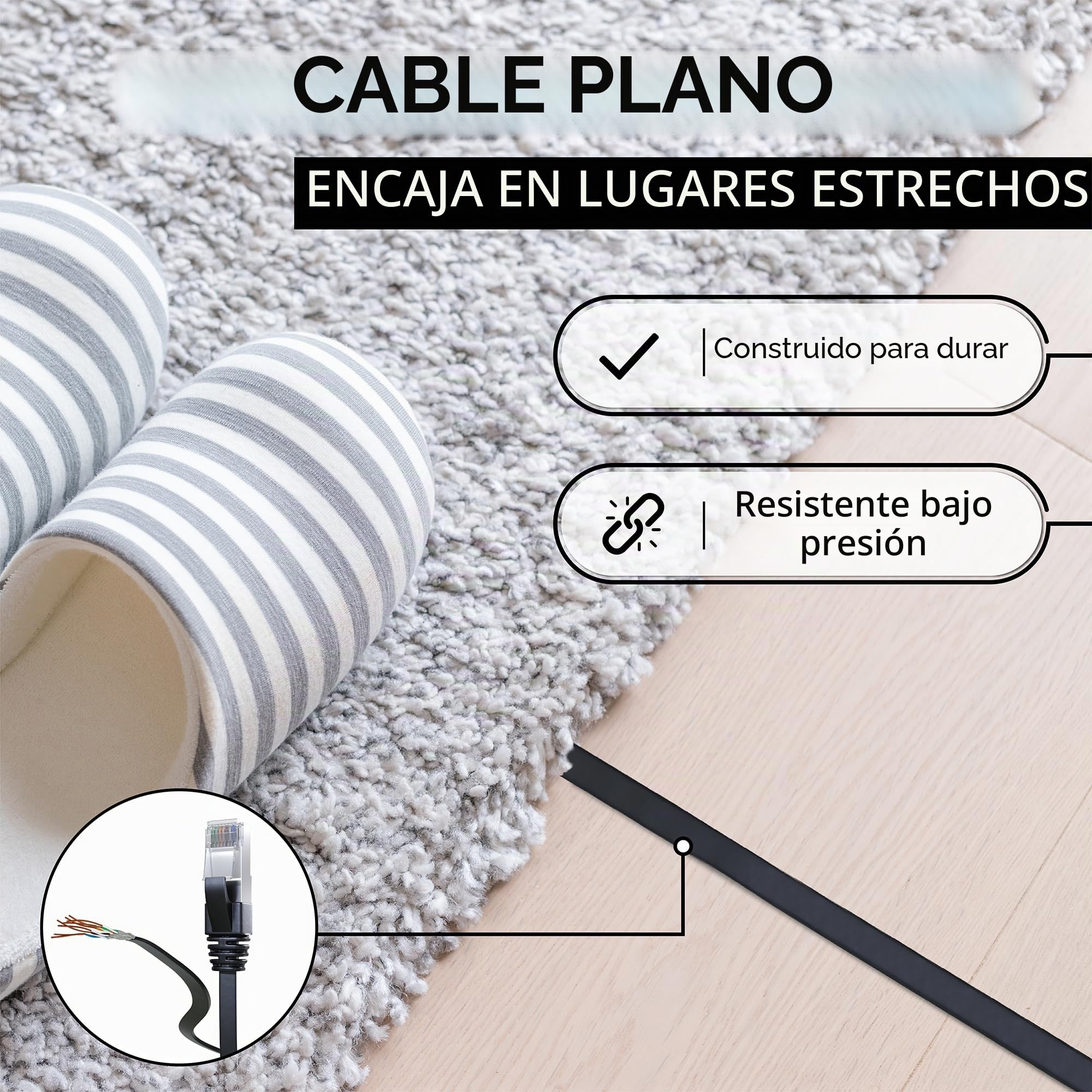 Mr. Tronic Flat Cable Ethernet Cat 7 De 20m, Cable de Red Plano LAN con Conectores RJ45 para Internet Rápida & Fiable - Cat7 con Conexión | 10 Gbps Internet SFTP (20 Metros, Negro)