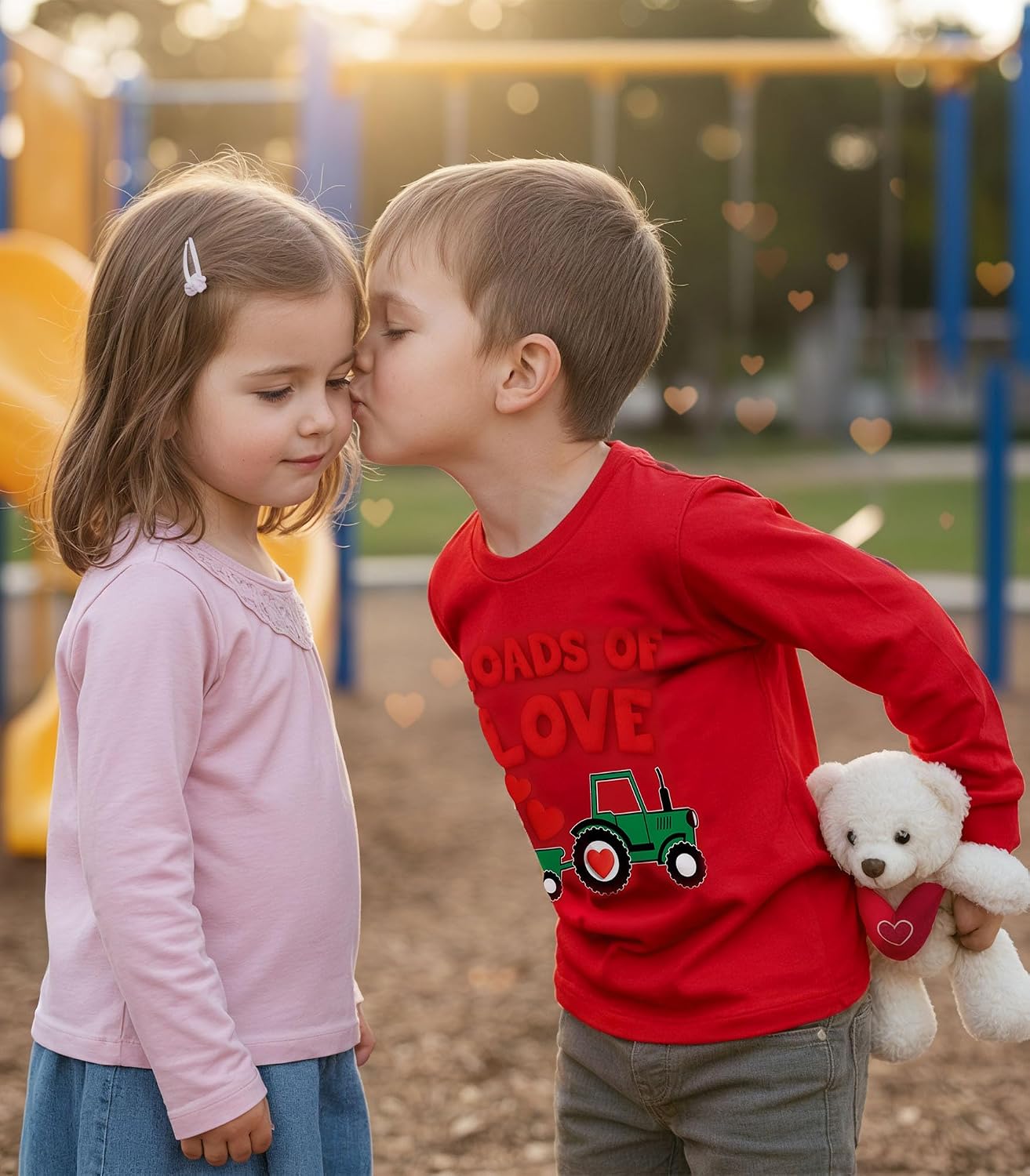 Tstars Kids Tractor and Digger Poppin Valentine's Day Shirt - Funny Heart Dab Long Sleeve Tee for Toddlers Boys and Girls
