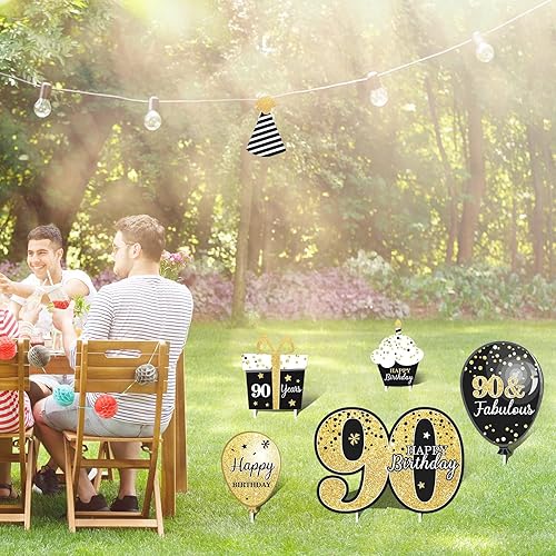 Miniatura 6 de Juego de 8 letreros de feliz cumpleaños 90 para patio, decoraciones de cumpleaños de 90 años negro y dorado para hombres, carteles de césped de 90