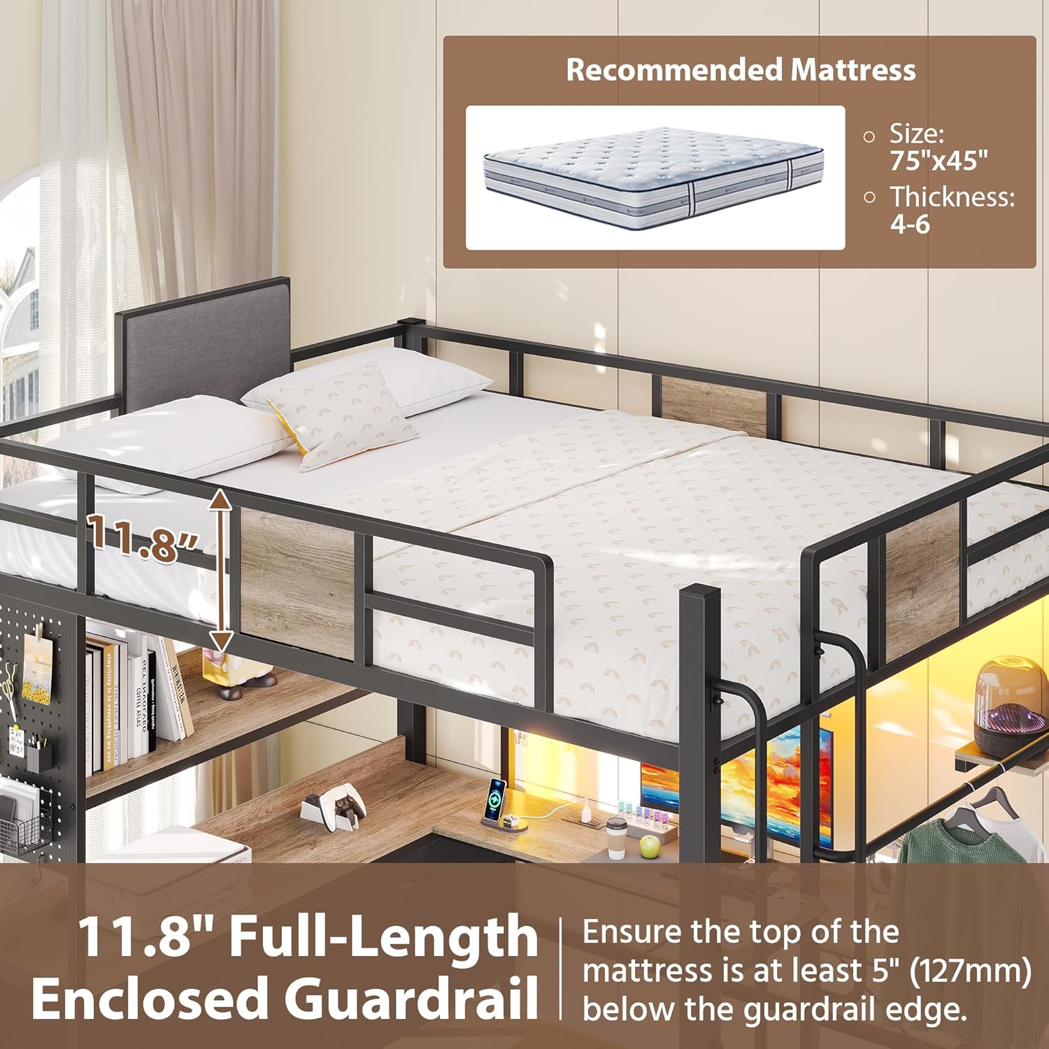 Full Loft Bed with Desk and 5 Storage Drawers, Loft Bed Full Size with 1 Bedside Organizer,Removable Ladder, LED Lights and Charging Station,Clothes Rail,Safety Guard,Oak Gray | Clothes Rail, Safety Guard, 1 Bedside Organizer