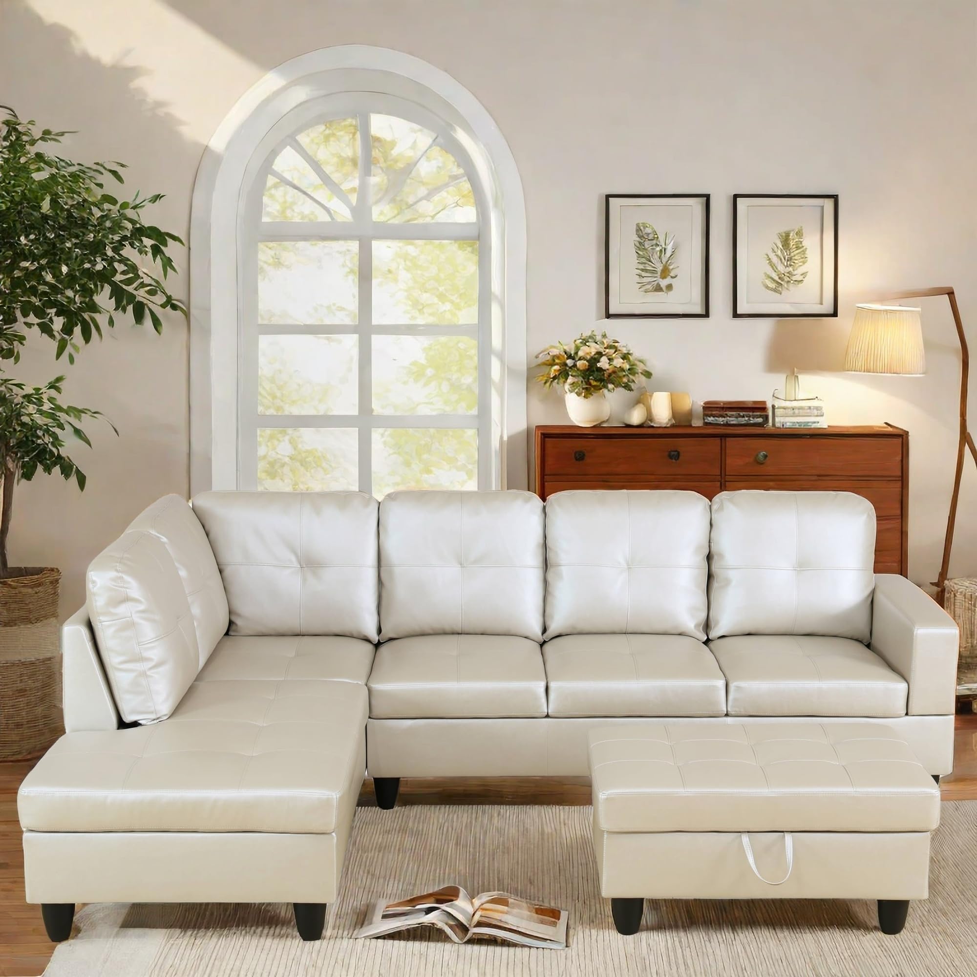 L Shaped Sectional Couch with Otttoman, 97" Leather Sectional Sofa for Living Room Modular Couches with Cup Holders for Bedroom, Apartments, Light Grey