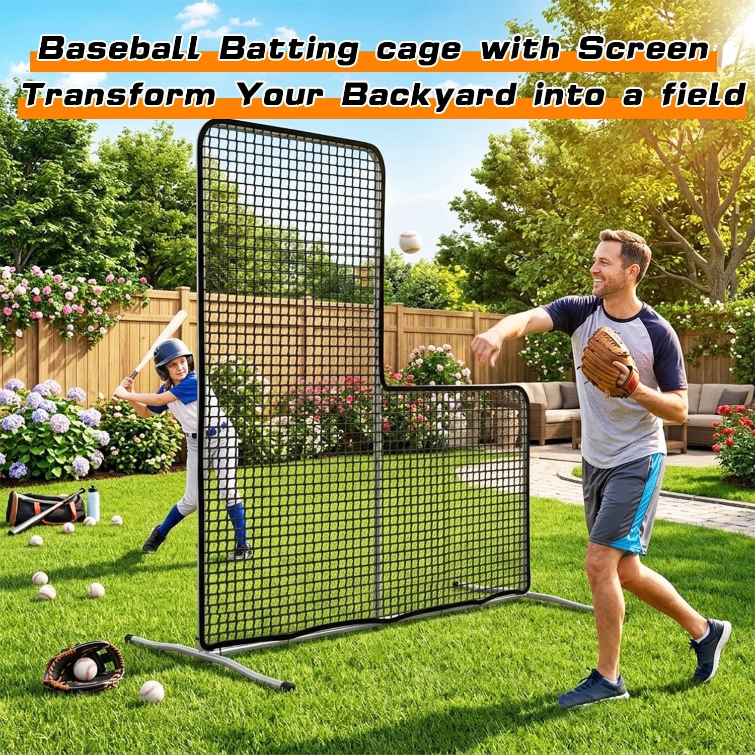Gagalileo Baseball L-Screen Protective Pitching Net: 7x7FT Portable for Batting Cage Backyard Practice - Coaches Parents Youth Training Beisbol