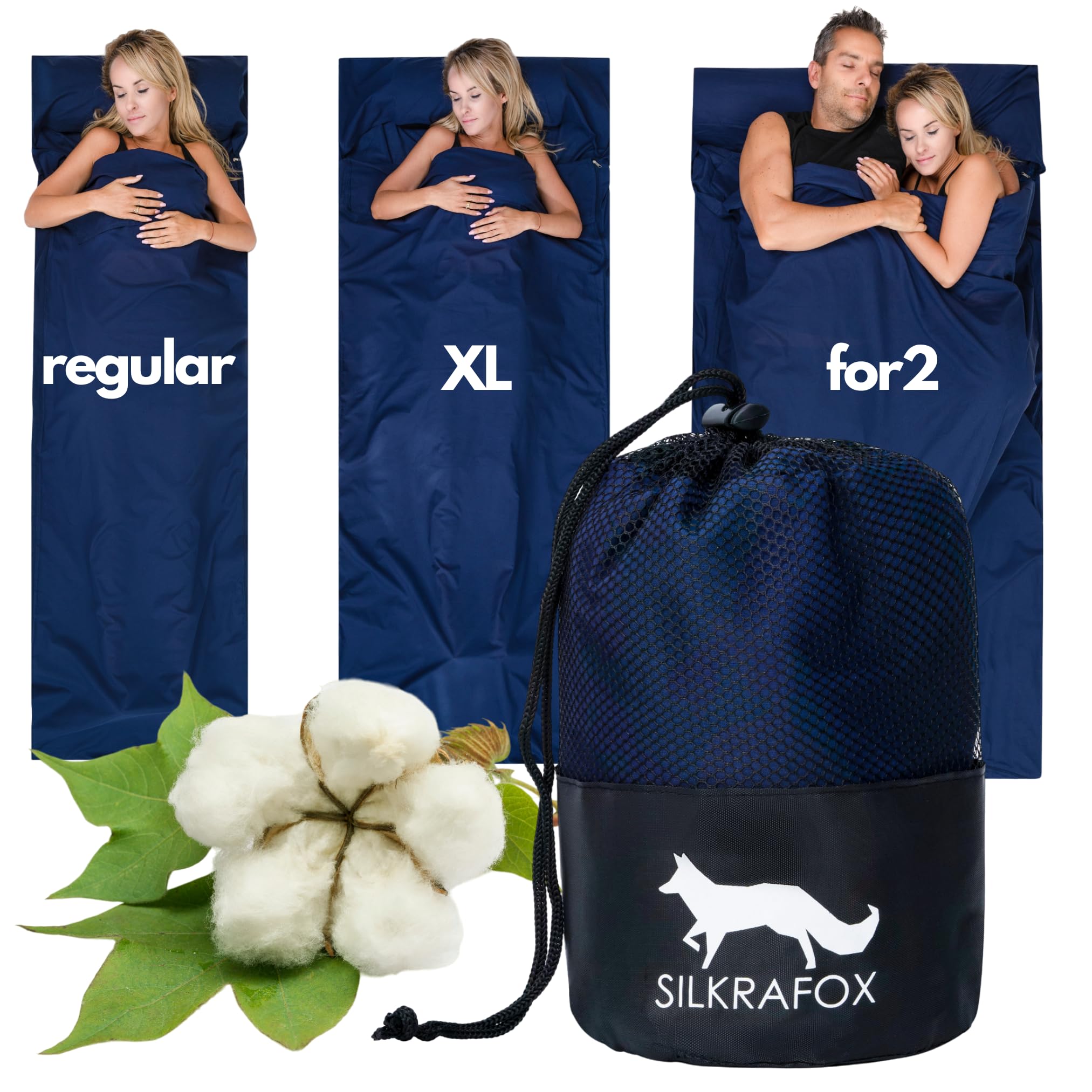 Sac de couchage en coton avec fermeture éclair et compartiment pour coussin - Idéal comme sac de couchage d'été ultra léger pour les voyages - Sac de couchage intérieur petit fin et léger