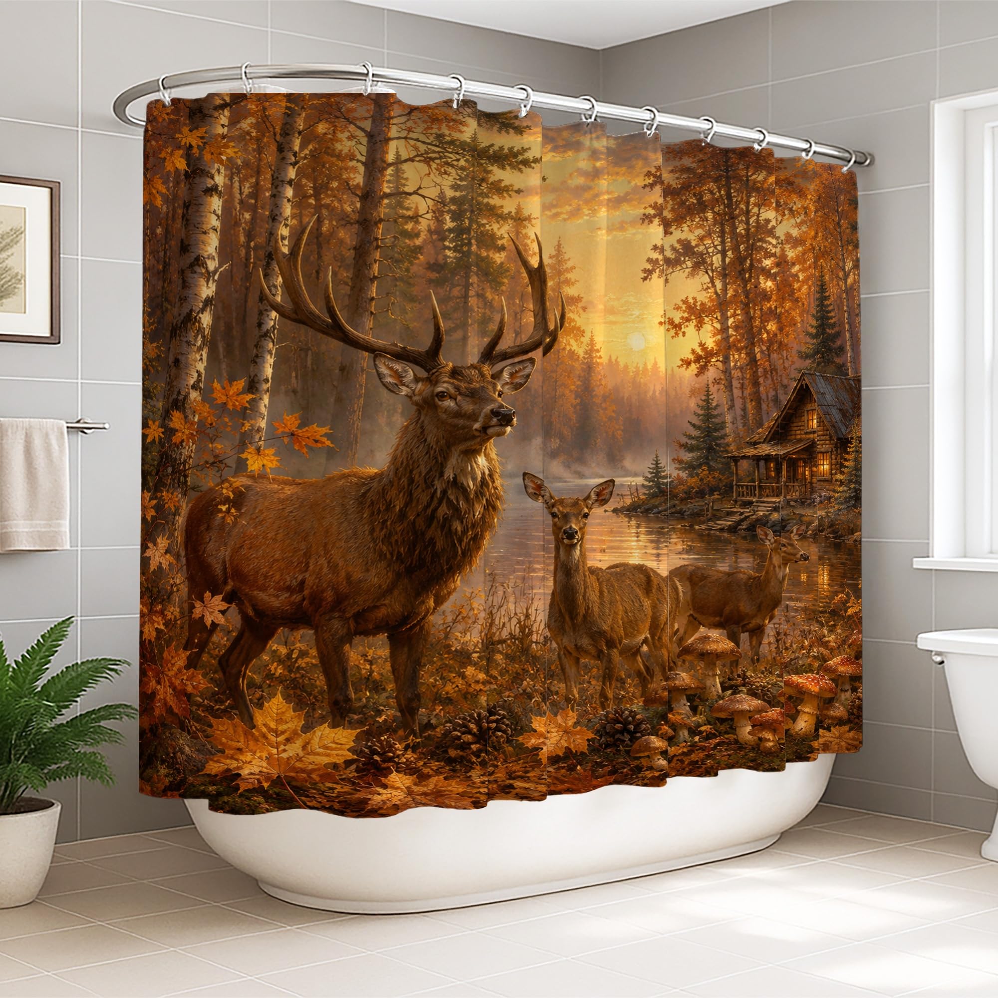 Rideau de douche extra large 274x183 cm en tissu orange avec motif cerf