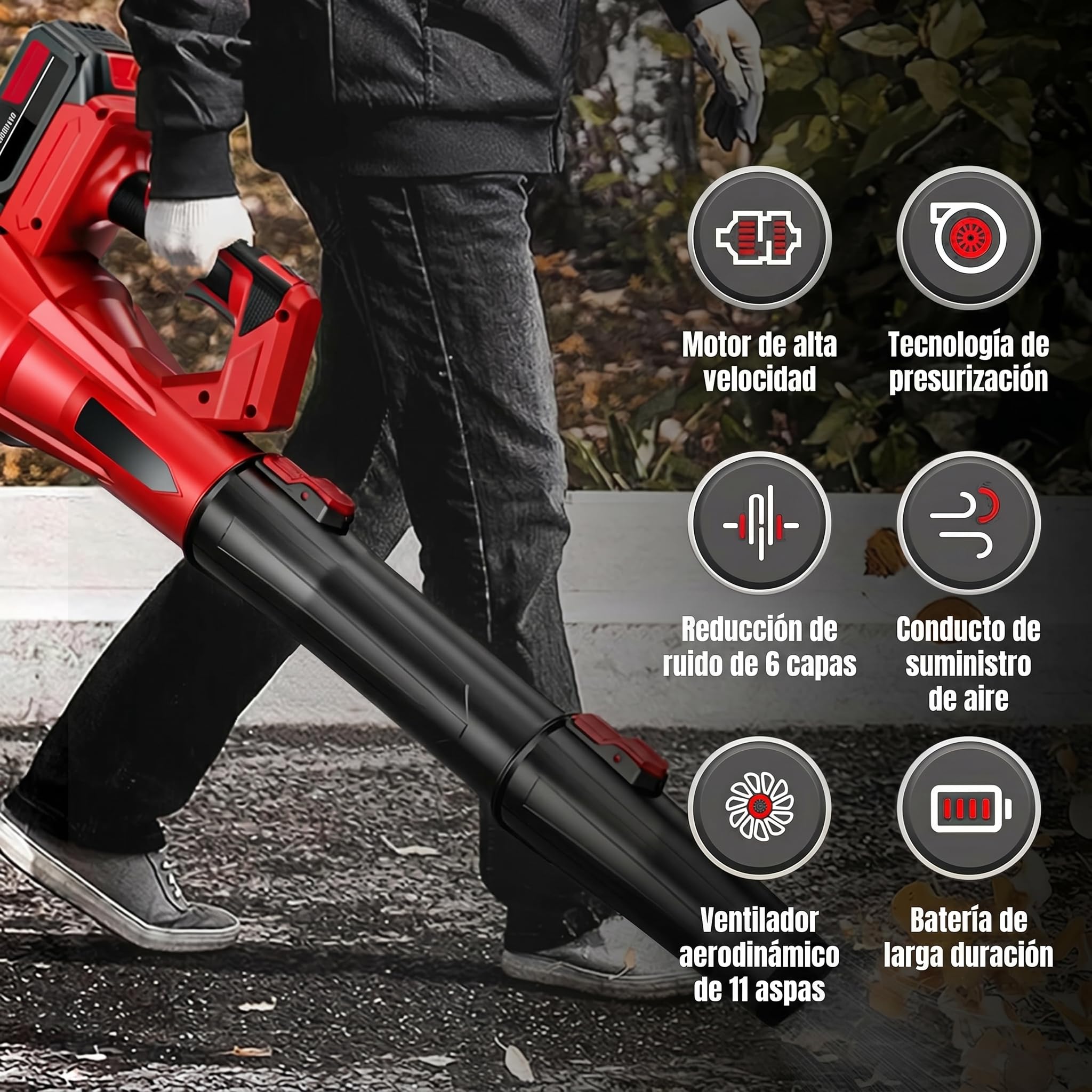 Soplador de Hojas Inalámbrico 21V con 2 Baterías 3.0Ah Li-Ion, Soplador Eléctrico Portátil Ligero 115/ms, Flujo de Aire Potente 850W, Ideal para Jardín, Terraza con 32000r/min, Garaje y Exterior.