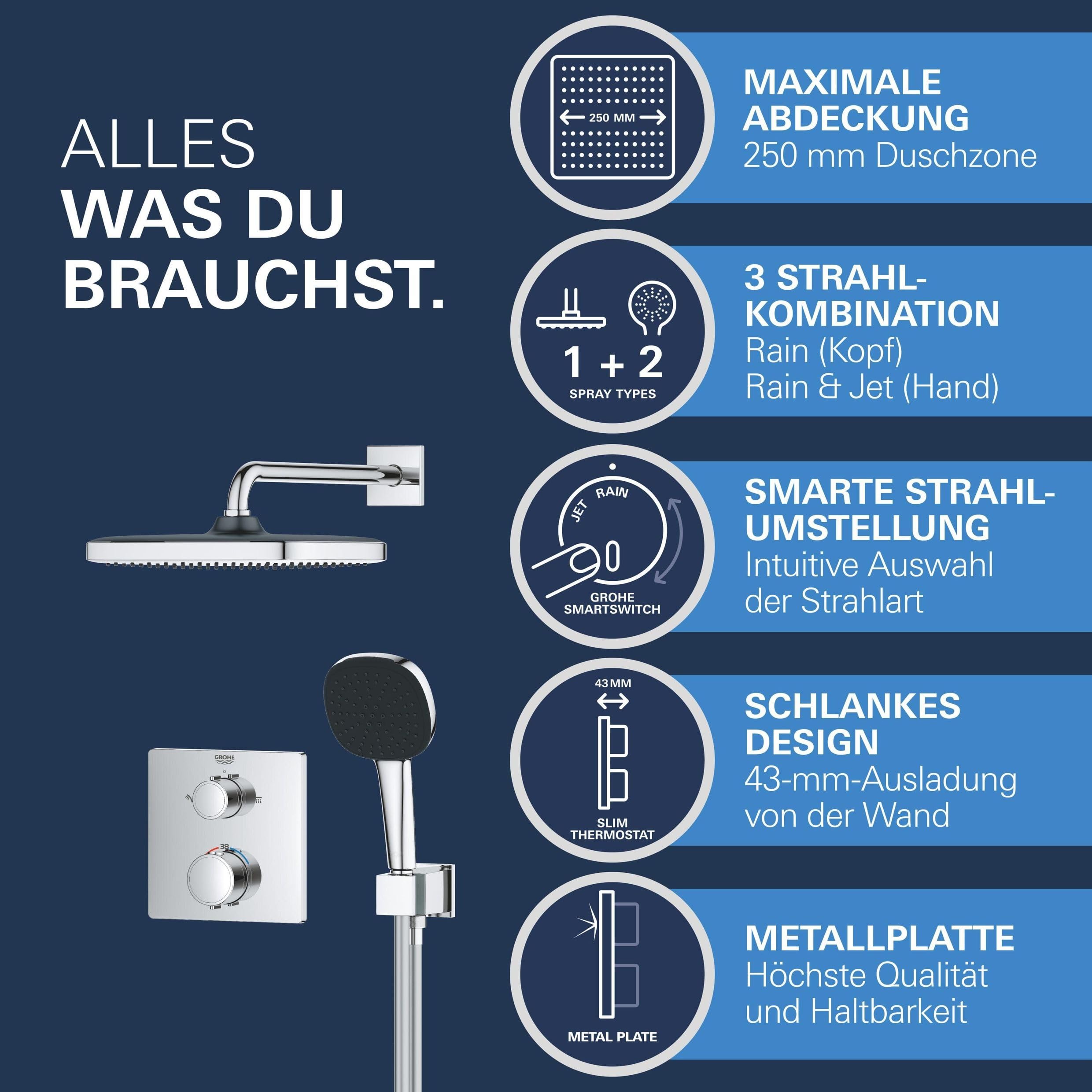 GROHE Precision 250, Unterputz Duschsystem (25cm Regendusche mit Thermostat, Kopfbrause 1 Strahlart, Duschkopf 2 Strahlarten, Komplettset, 1,50m Duschschlauch), eckig, chrom, 34882000