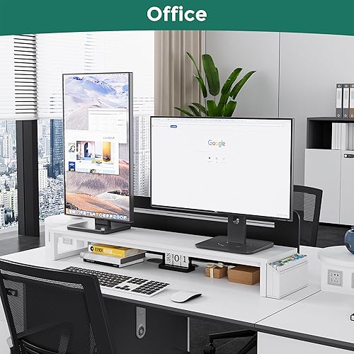 Miniatura 4 de Soporte elevador de monitor doble, soporte de madera extra largo de 41.5 pulgadas, organizador de escritorio con bolsillo lateral, elevador de