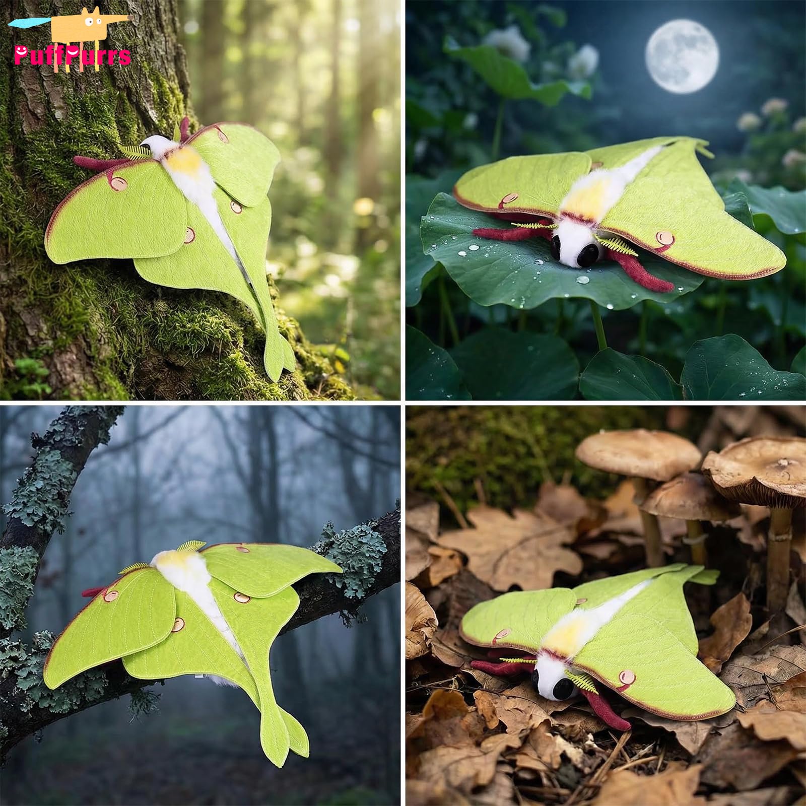PuffPurrs Luna Moth Plush - Lifelike 16in Soft Wing Moth Toy, Realistic Green Insect Plush Gift for Nature Lovers - Image 3