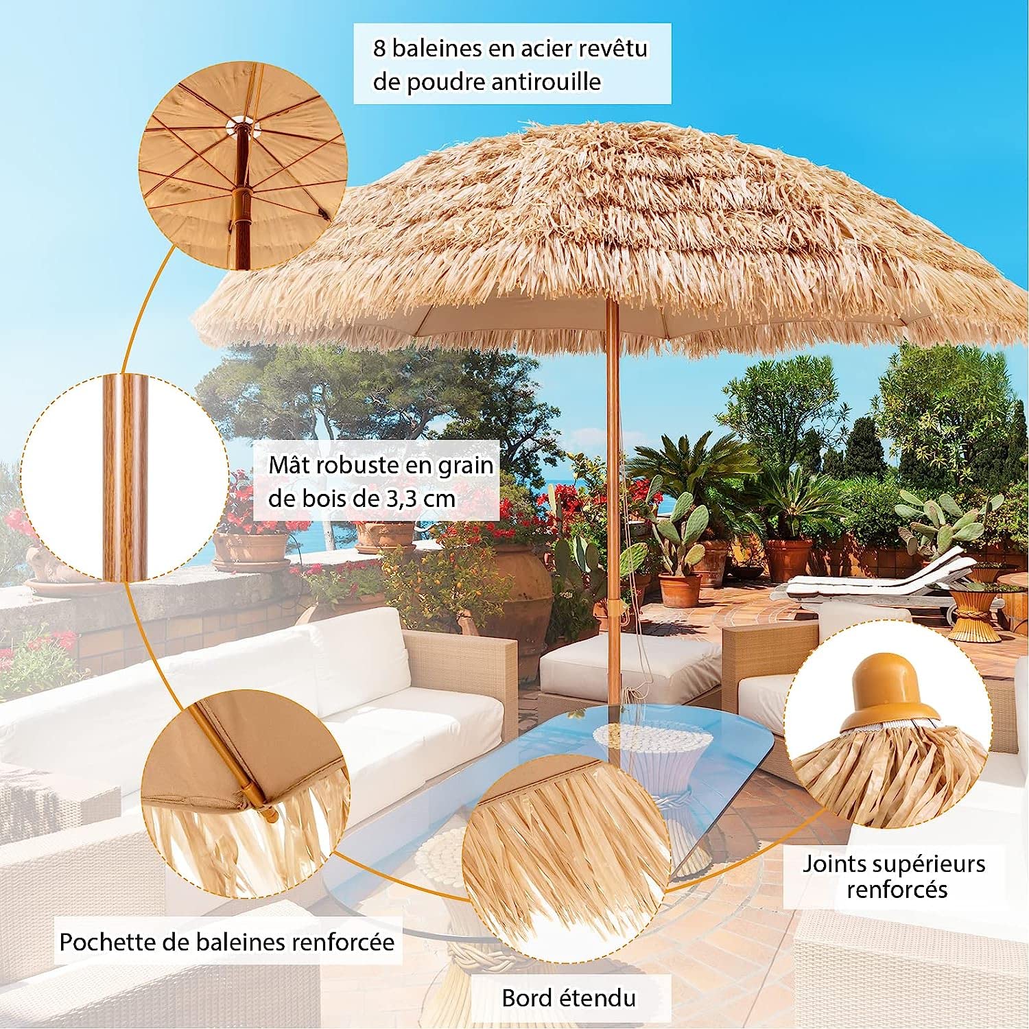 RELAX4LIFE Parasol Exotique en Paille Hawaïen Φ243CM