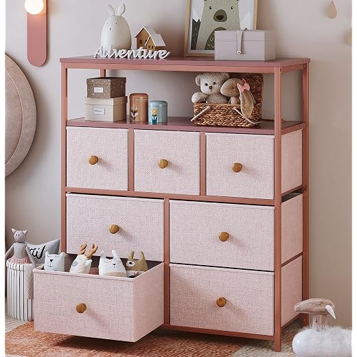 EnHomee Pink Dresser for Bedroom, Dresser for Girls Bedroom with 7 Drawers and 2 Shelves, Pink Dresser with Wooden Top and Metal Frame, Dressers& Chests of Drawersfor Girls Bedroom, Closets, Pink