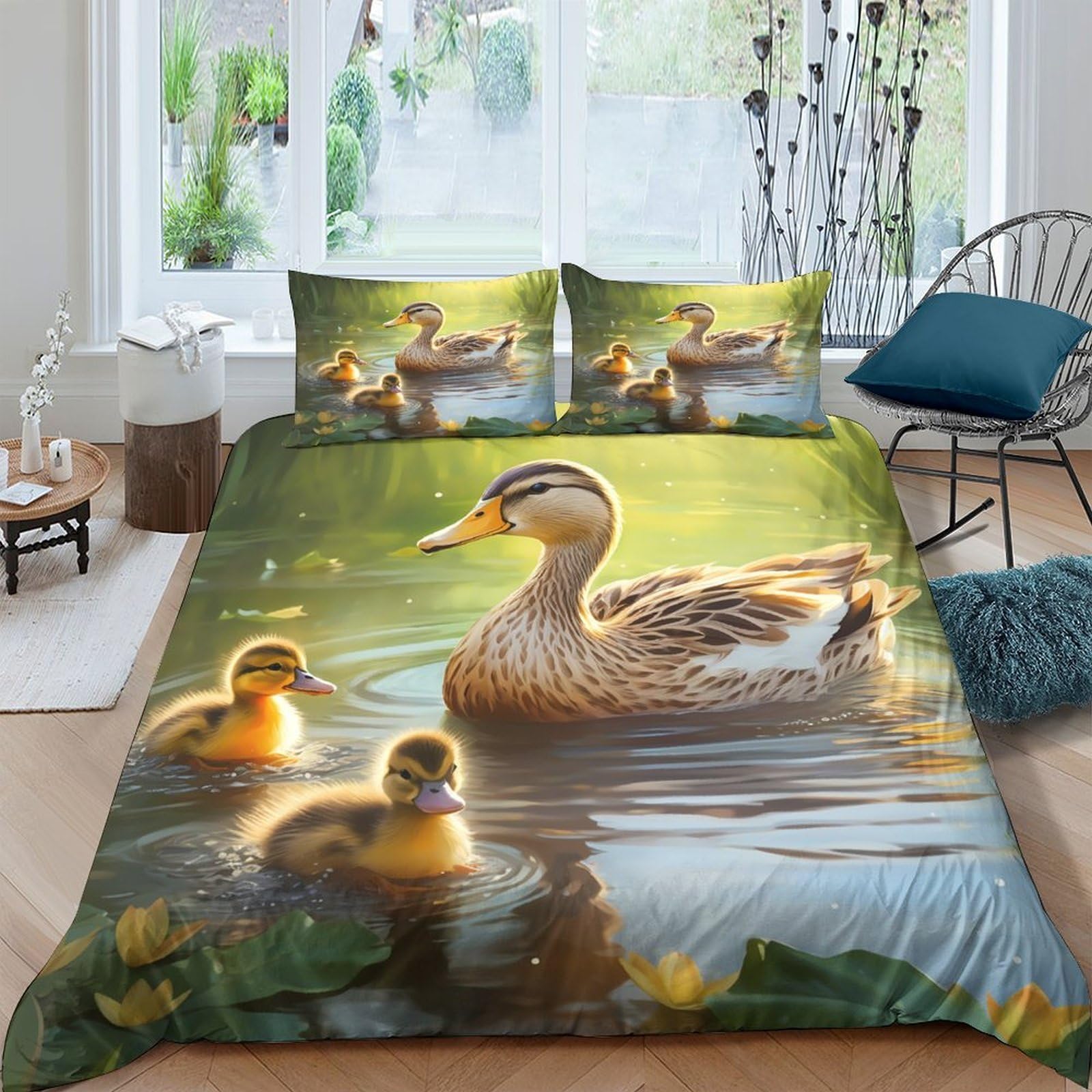 Ctjqhvkz Style-7 3D Printed Duck Family Fitted Sheet Microfiber Soft Yellow Water Scene Mattress Cover For Bedroom Dorm Decor Single（135X200cm）