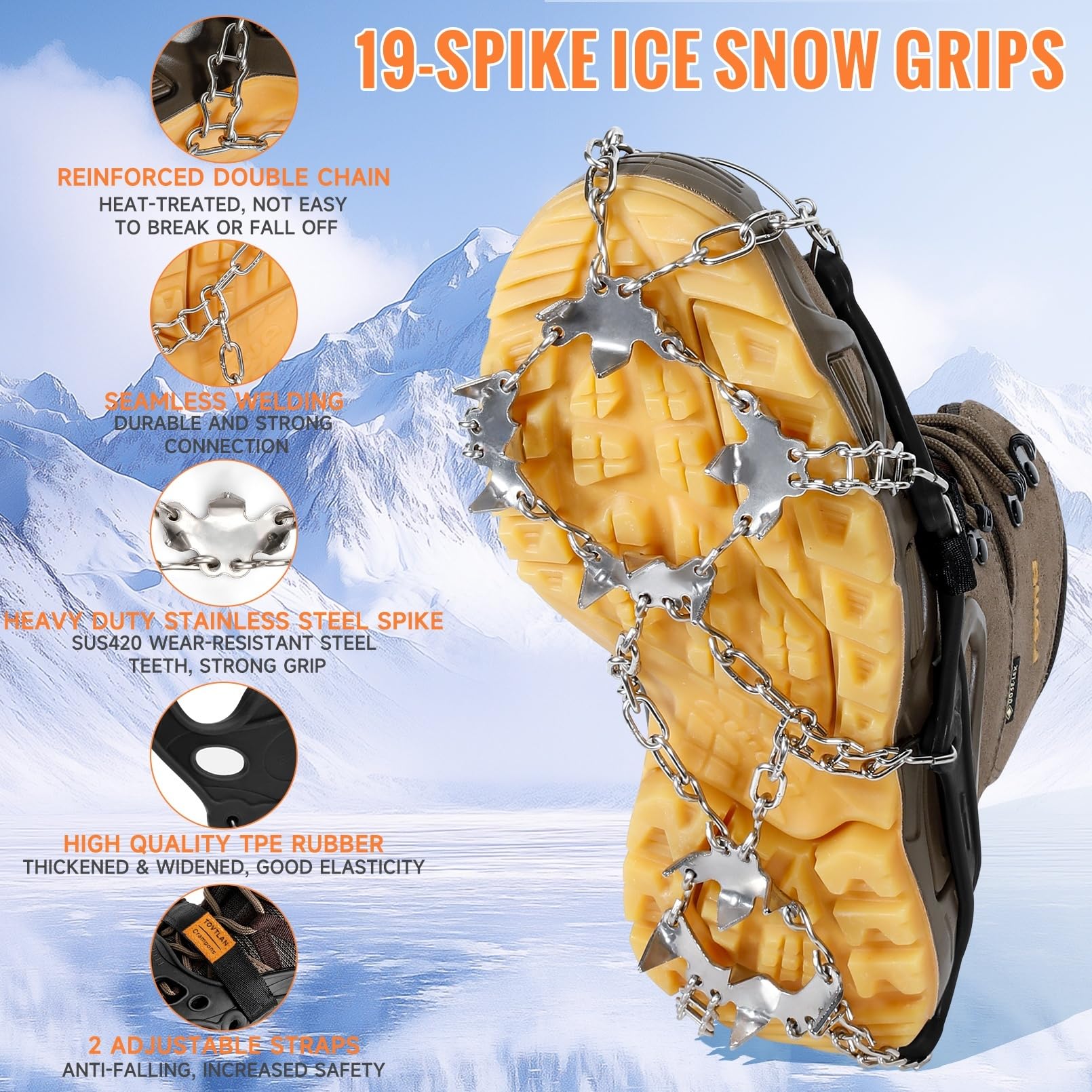 Steigeisen,Eiskrallen für Schuhe und Stiefel,Schneekrallen mit 19 Edelstahl Spikes für Winterwanderungen, Angeln und Spaziergänge im Freien