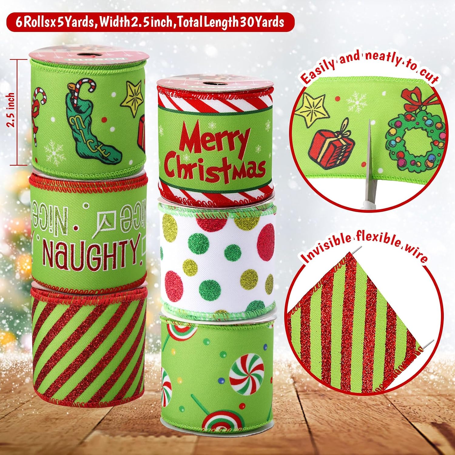 Tsorode Christmas Ribbon Wired 2.5 inch,6 Rolls 30 Yards Christmas Ribbon for Tree/Bow/Wreath Supplies,Red and Green Wired Ribbons Crafts Xmas Decorations