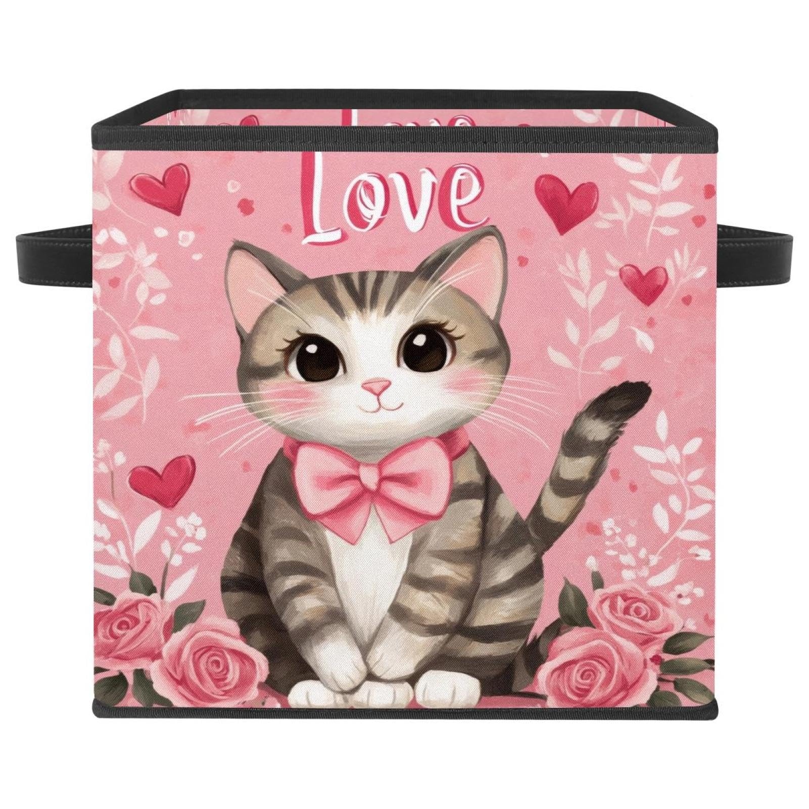 Boîte de rangement chat rose - Grand cube pliable de 27.9 cm en tissu Oxford pour vêtements