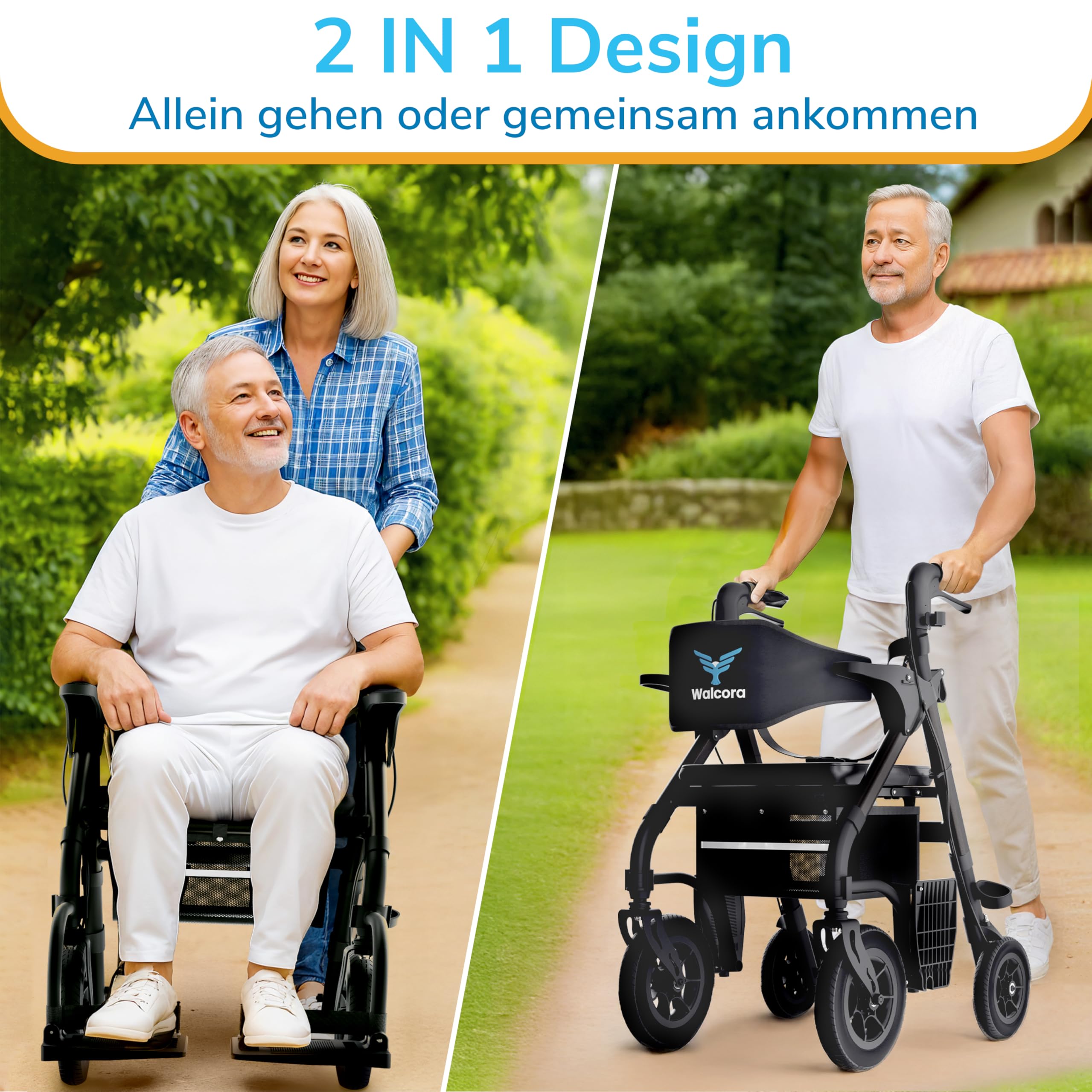 WALCORA 2 in 1 Rollstuhl Rollator Faltbar und Leicht mit Sitz – NEUHEIT 2026 – Gehhilfe für Senioren Outdoor & Indoor Wohnung – Klappbar Gummireifen Leichtgewicht Gehwagen Walker Wheelchair Kaufen