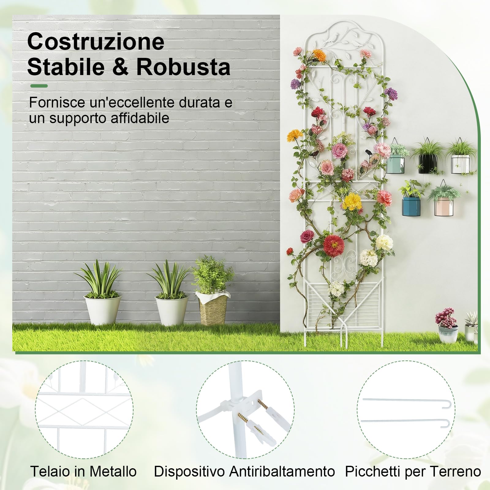 GYMAX Traliccio per Rampicanti in Metallo con Ripiano Pieghevole, Grigliato da Giardino per Recinzione 189,5 x 50 cm, Graticcio Decorativo per Piante Rampicanti per Giardino, Cortile (Bianco,1)