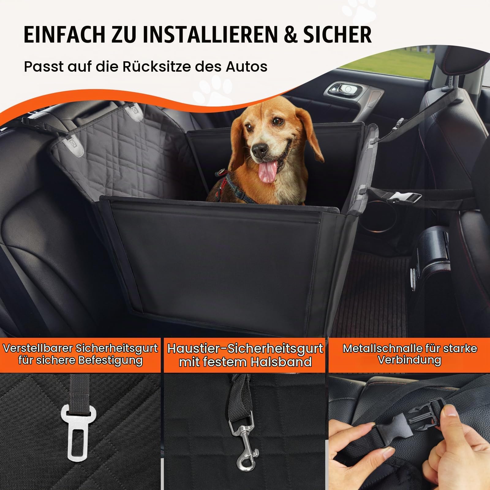 VEVOR Autositz Hunde 75 x 58 x 50 cm, Hundeautositz mit Stützrahmen, Haustierautositz mit ansteckbarer Sicherheitsleine, Baumwollfüllung, Rücksitz für kleine mittele Hunde bis 22 kg, Schwarz