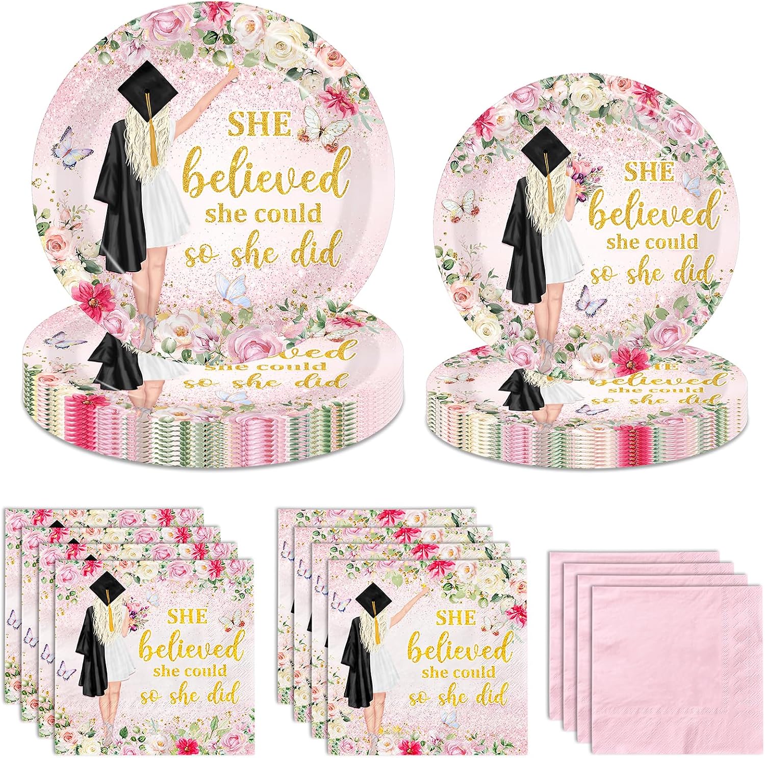 Juweked Pink Graduation Paper Plates and Napkins, She Believed She Could So She Did Graduation Decorations Serve 25, Floral Grad Decorations Class of 2026 for College High School