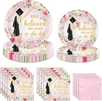 Juweked Pink Graduation Paper Plates and Napkins, She Believed She Could So She Did Graduation Decorations Serve 25, Floral Grad Decorations Class of 2026 for College High School