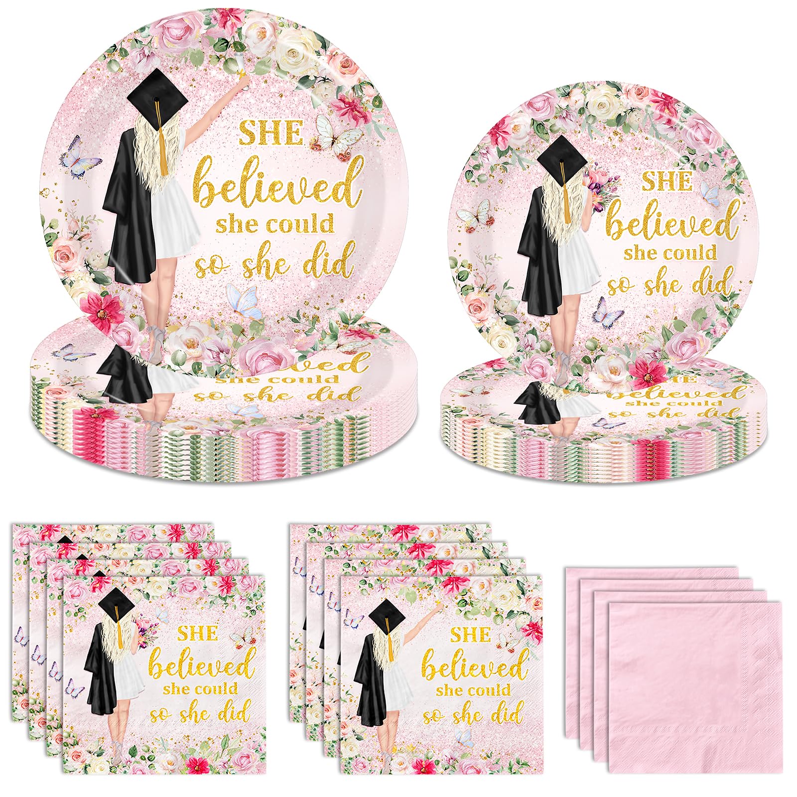 Juweked Pink Graduation Paper Plates and Napkins, She Believed She Could So She Did Graduation Decorations Serve 25, Floral Grad Decorations Class of