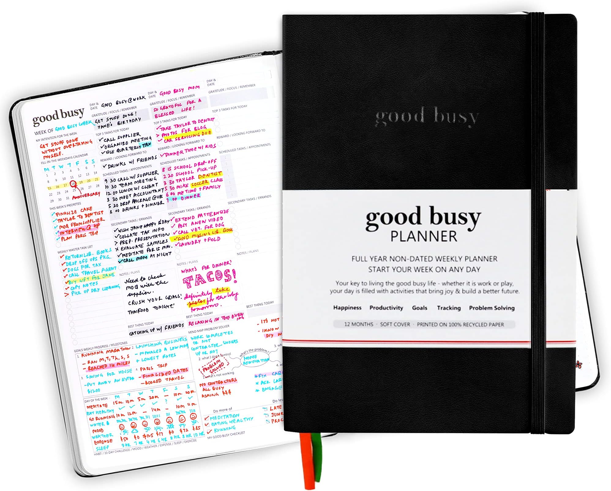 Weekly Planner 12-Month Undated Vertical Layout - Productivity, Happiness, Goals, Mind Maps - for Office, Moms, Entrepreneurs, & Students (Softcover B5 7"x10" Black)