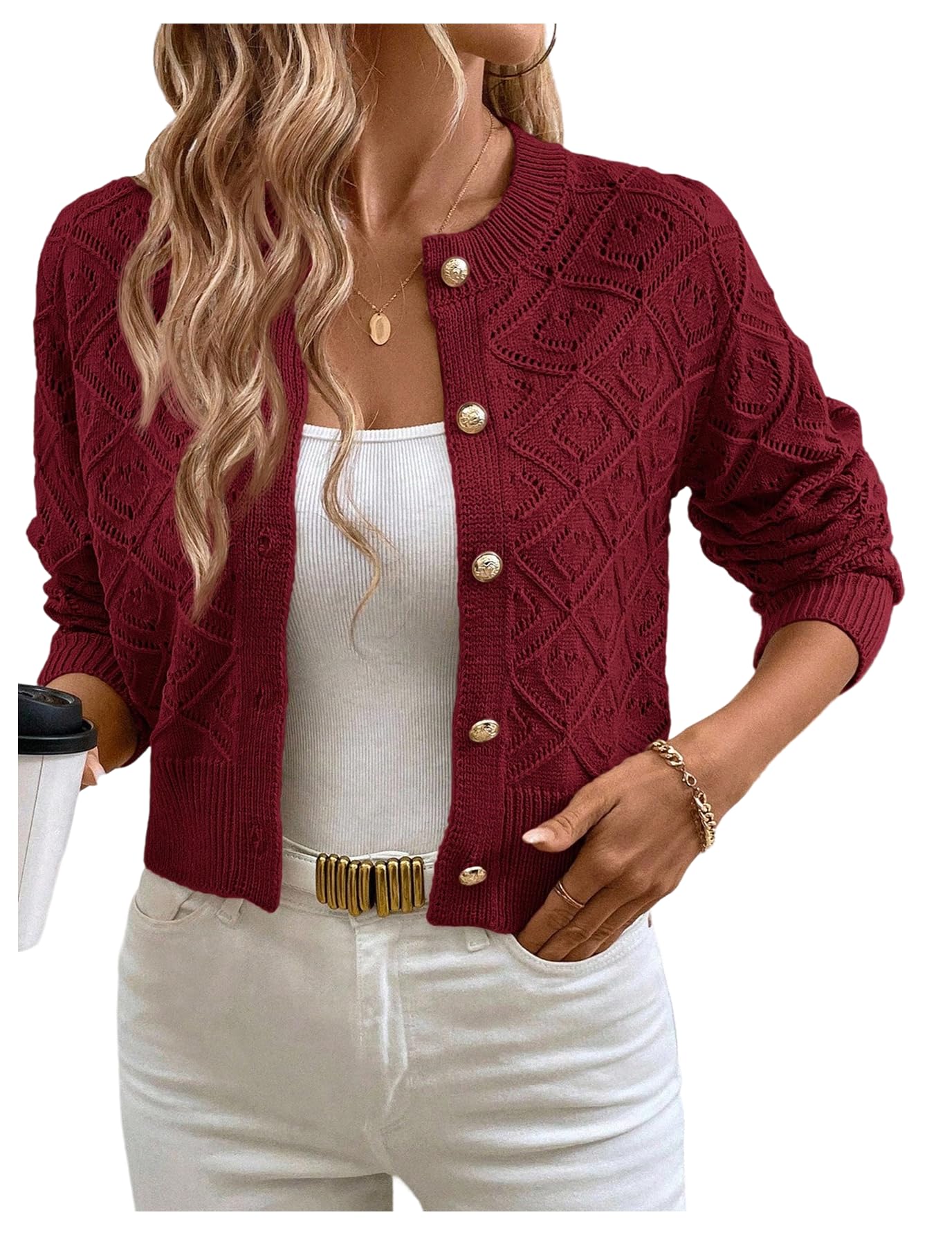 SHENHE Womens Cropped Cardigan Sweaters Mock Neck Button Down Shrugs Open Front Long Sleeve Dressy Crop Sweaters