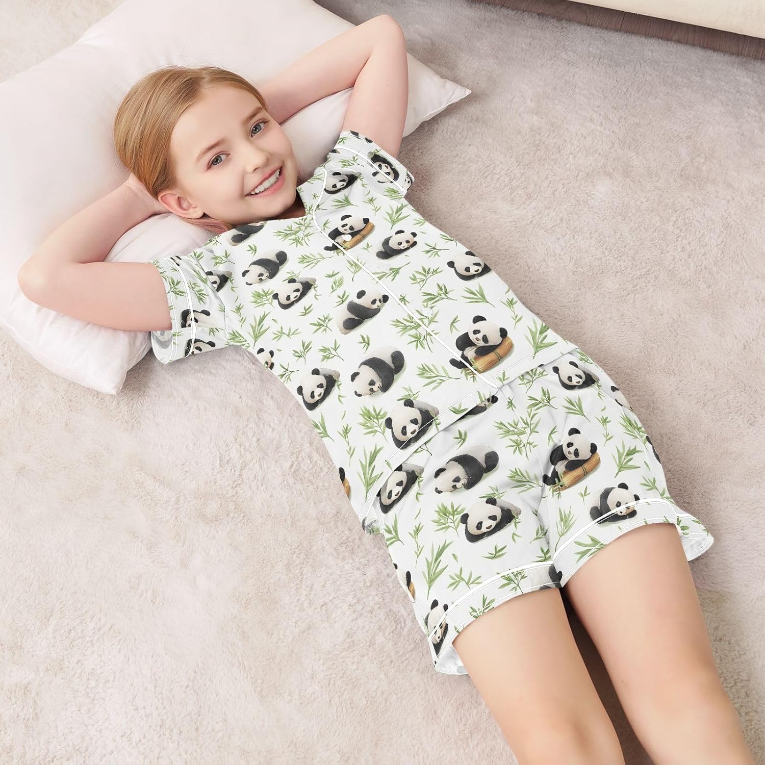 Kids Satin Wear Set Green Leaves Panda Pattern Relaxing Clothing Short Sleeve and Shorts
