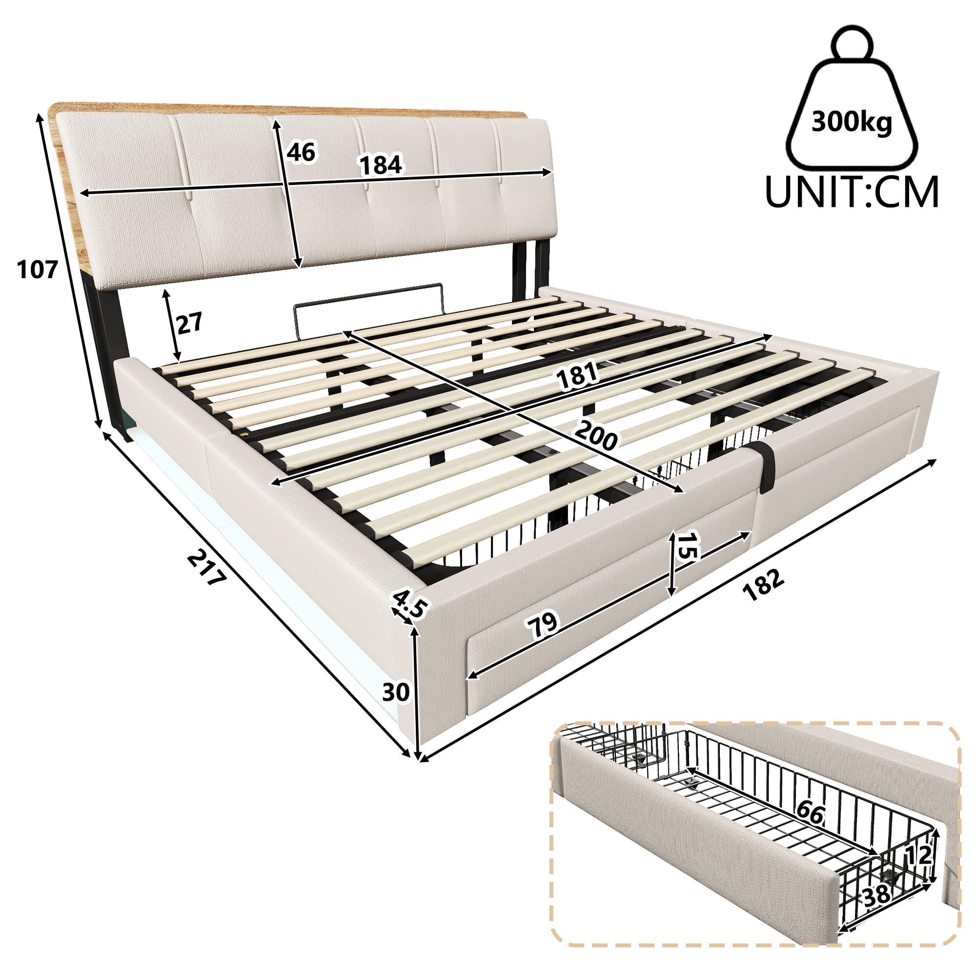 Lit Coffre 180x200 cm, Lit Double à Levage Hydraulique, Cadre de lit avec Prises USB/Type-C, Éclairage LED, 2 Tiroirs, Rangement Multifonctionnel, Sommier à Lattes en Bois, Lin, Beige