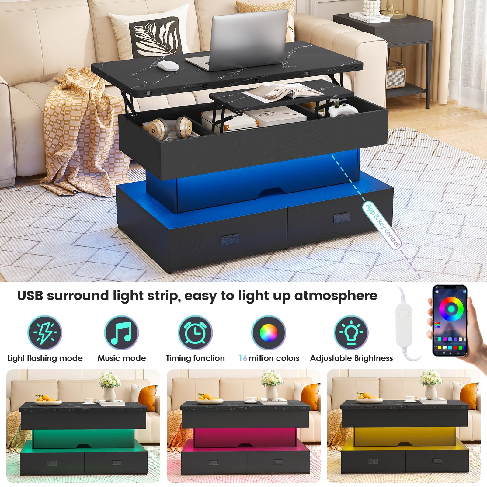 Turosur Coffee Table with Storage - Wood Square Center Table