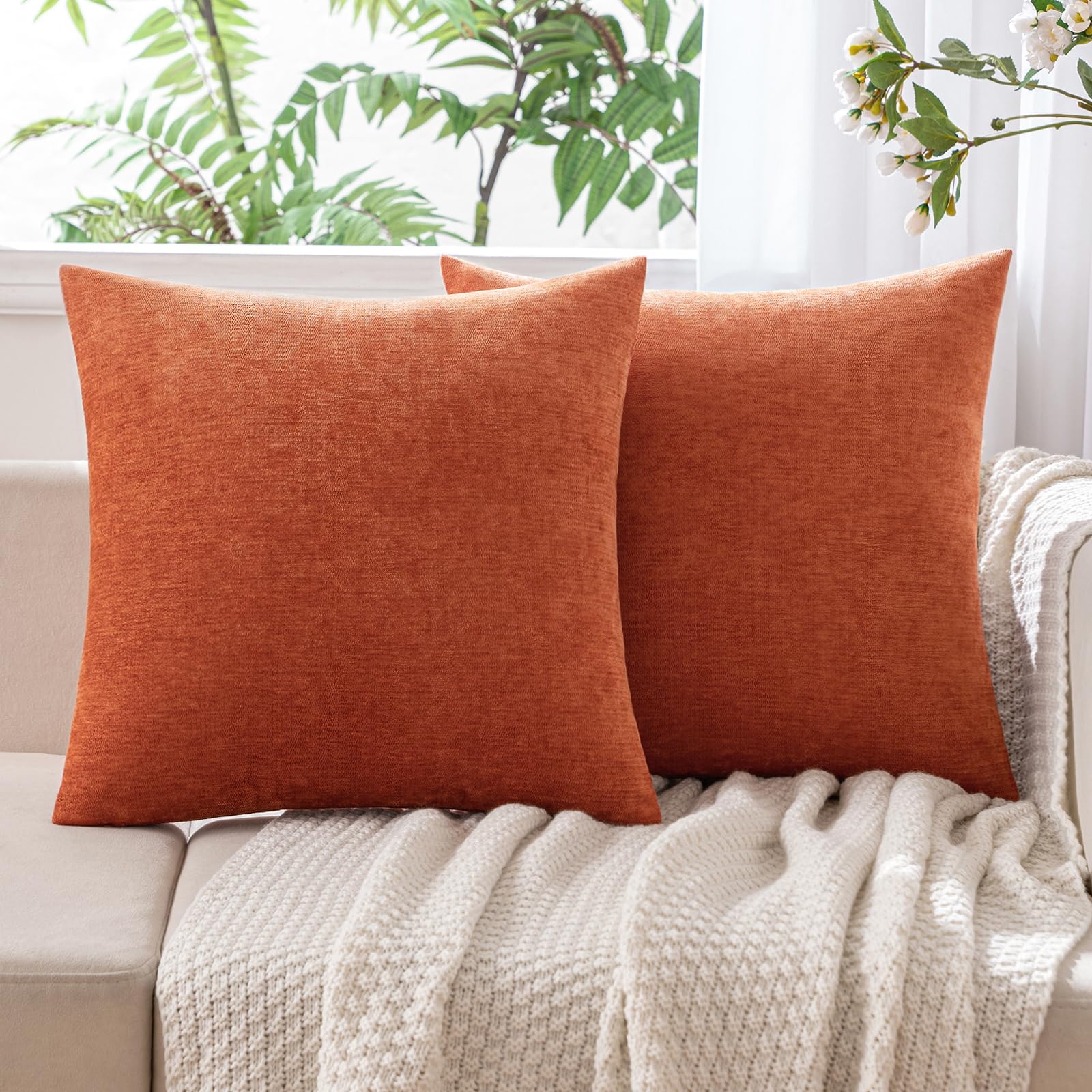 MIULEE Pack of 2 Fall Burnt Orange Decorative Pillow Covers 18x18 Inch Soft Chenille Couch Throw Pillows Farmhouse Cushion Covers for Sofa Bedroom Living Room