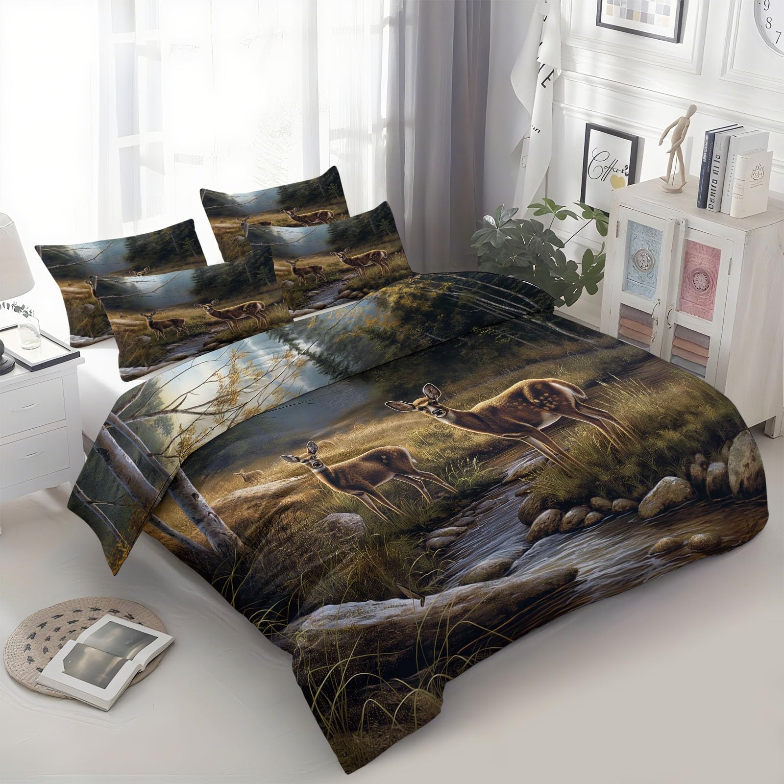Parure de couette vert forêt cerf 160x200 cm en microfibre avec 2 taies d'oreiller
