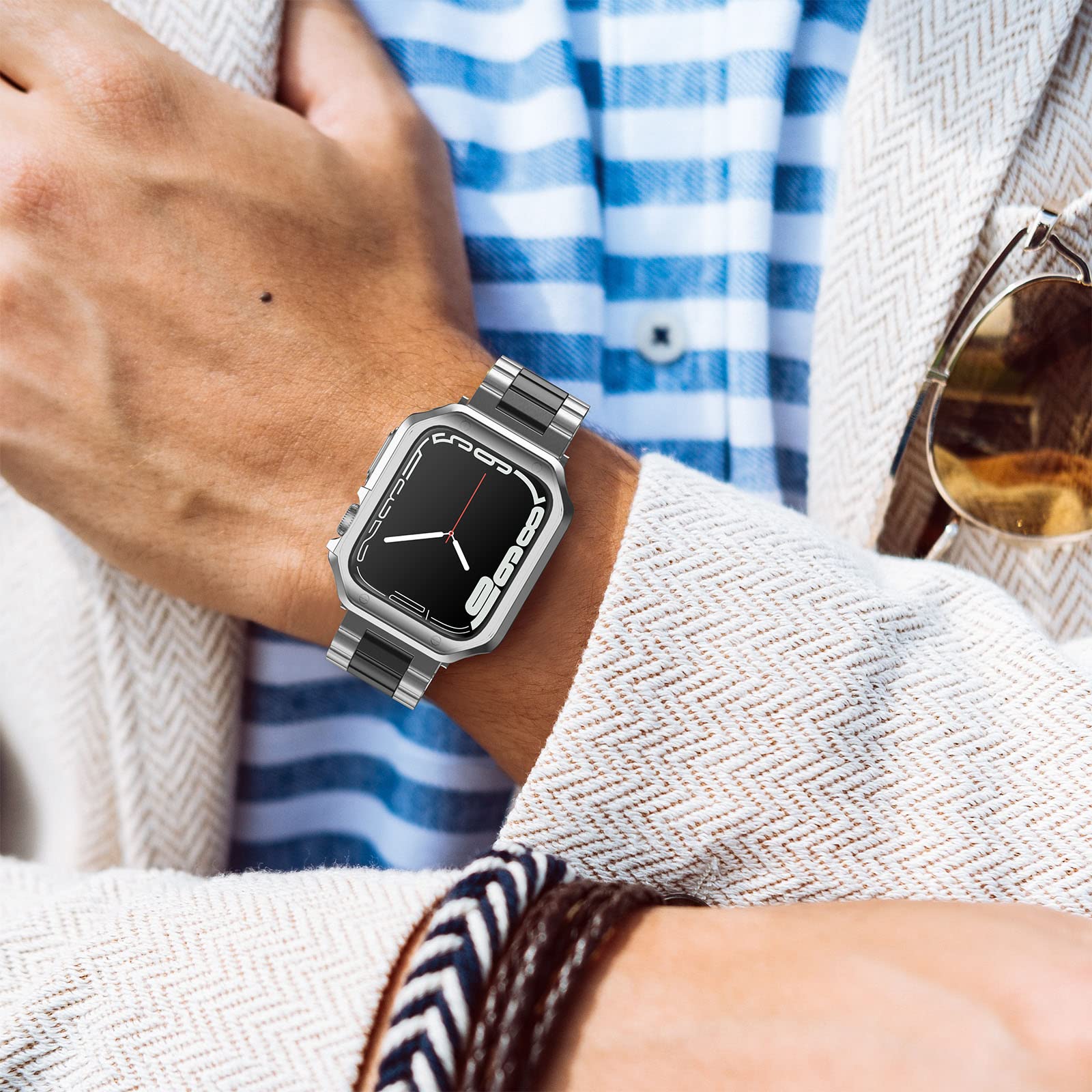 Kompatybilny z zegarkiem Apple Watch i etui, metalowy łańcuszek ze stali nierdzewnej z osłoną TPU do i-Watch Ultra Ultra2 Series 9 8 7 6 5 4 3 2 1 SE