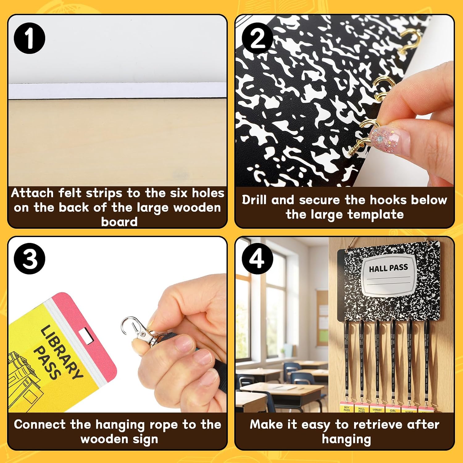 JANYUN Wooden 1 Chalkboard 6Pcs Pencil Classroom Hall Passes with Lanyards image 2