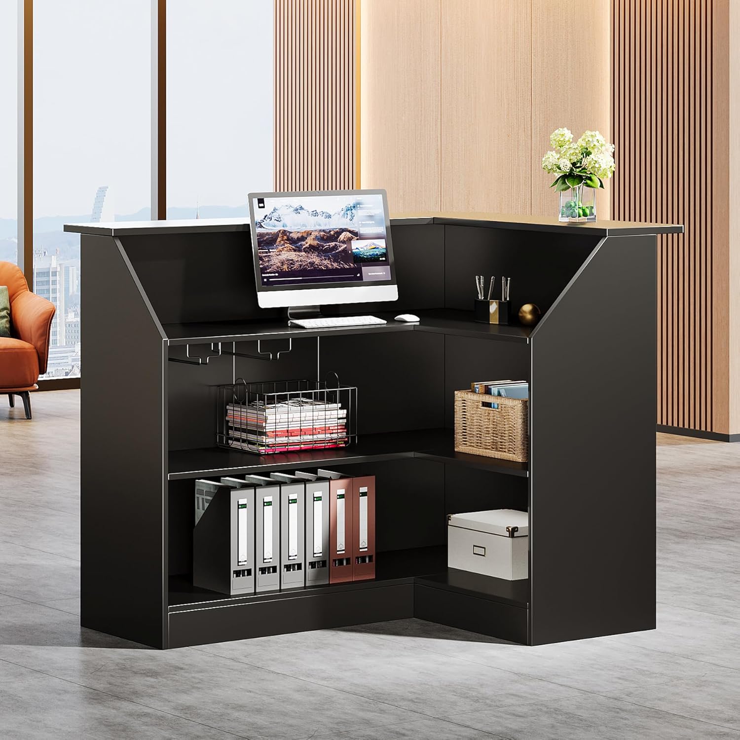 Tribesigns Reception Desk with Storage Shelves, L-Shaped Modern Front Desk, Reception Counter Table for Small Office, Salon, Checkout Office, Black