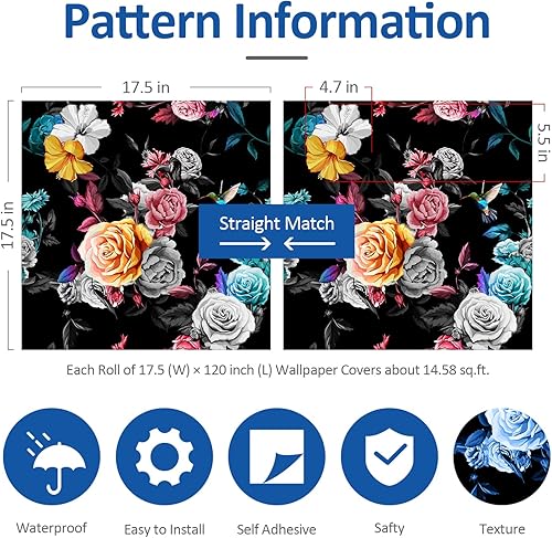 Miniatura 6 de Wallink Papel tapiz gris de 17.5 pulgadas x 20 pies, papel tapiz de flores de rosa azul, papel de contacto extraíble para baño, rollo de papel de