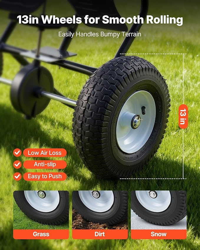 Esparcidor VEVOR 130 lb, Ancho 12 pies, Neumáticos 13", Ajustable, Césped miniatura 5