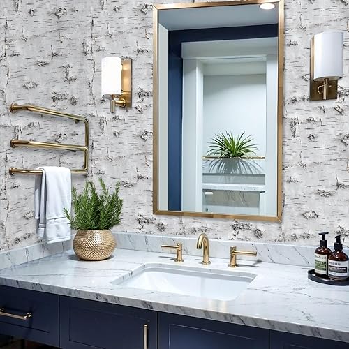 Miniatura 6 de Papel tapiz autoadhesivo de 17.7 x 393.7 pulgadas, textura de corteza de abedul blanco, nudos naturales, decoración de pared horizontal, papel de