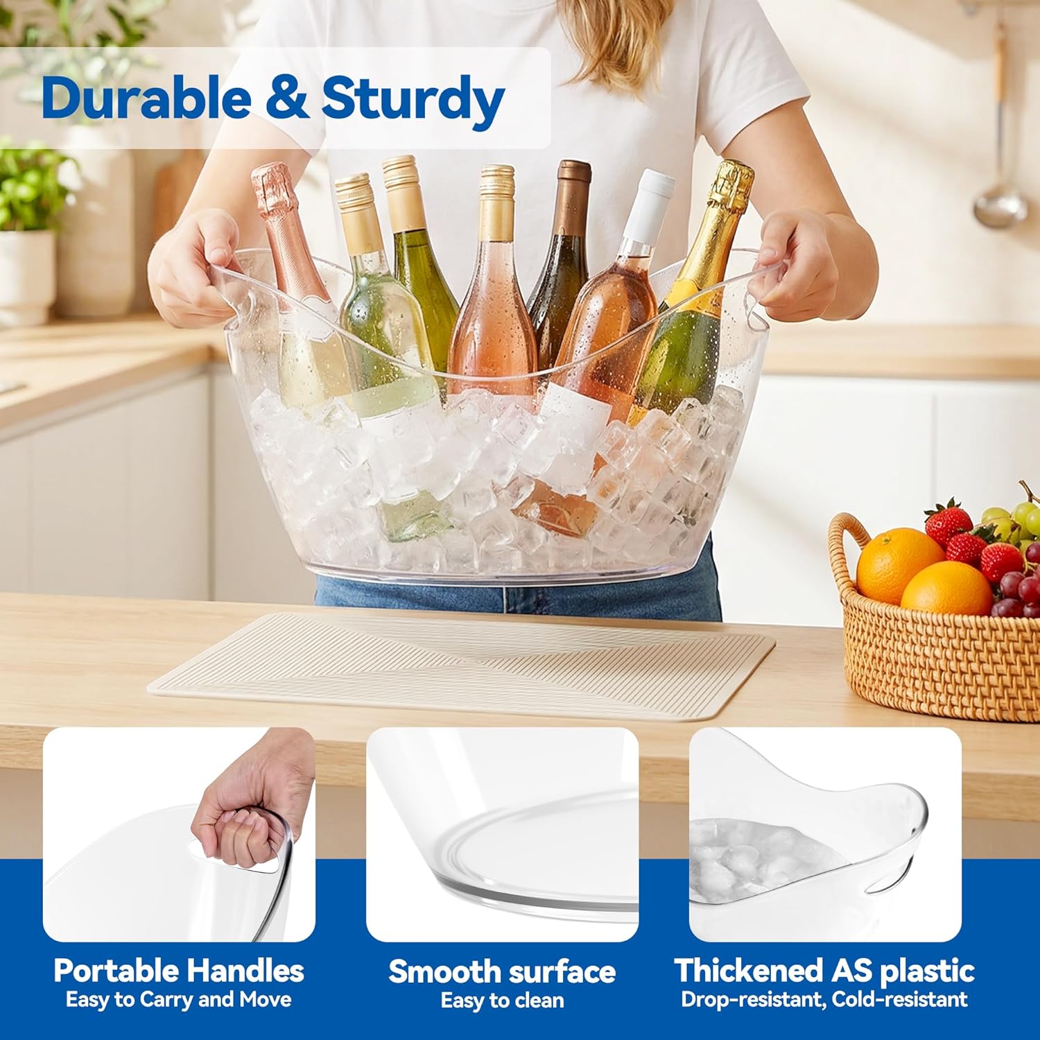 12L & 8L Ice Bucket for Parties, 2 Pcs Clear Large Capacity Champagne Wine Buckets Durable Plastic Beverage Tubs with Scoop and Drip Mat for BBQ, Wedding, Cocktail Bar, Party