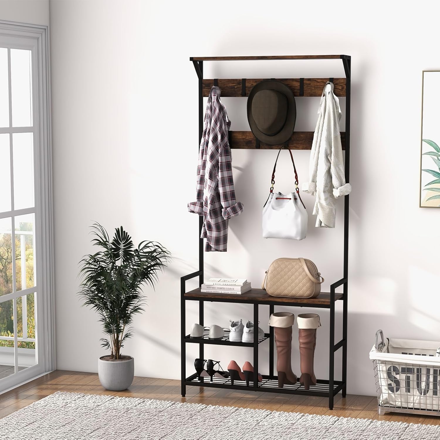 Giantex 72" Hall Tree with Bench & Shoe Storage, 3-in-1 Coat Rack w/ 9 Removable Hooks, Freestanding Industrial Entryway Storage Organizer for Living Room, Bedroom, Hallway, Rustic Brown