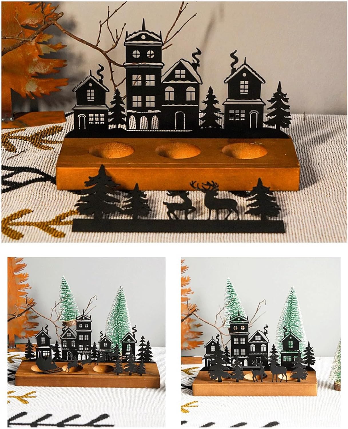 Unique Black Wooden and Iron Christmas Candle Holder Taper Candle Holders Decorative Candelabra for Patio Dining Table Desk Party 18.5cmx8cmx12.5cm 28cmx8cmx12.5cm Perfect Holiday Decor Spring Decor